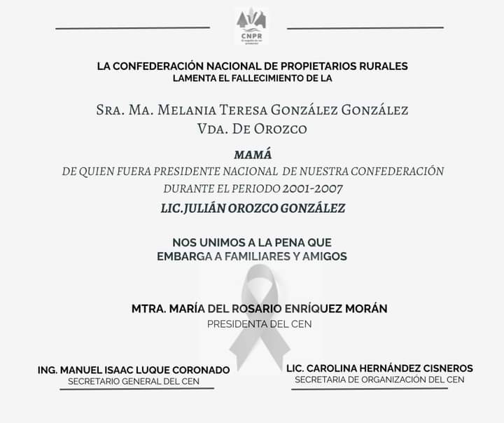 En la CNPR nos unimos a la pena que embarga al Lic. Julián Orozco González y familia, por el sensible fallecimiento de su madre.
Expresamos nuestro más sentido pésame por su irreparable pérdida.