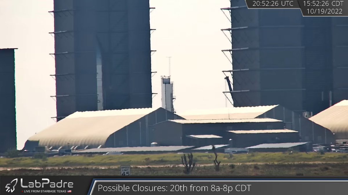 VickiCocks15's tweet photo. Watching @LabPadre #SentinelCam like a hawk for the first sign that S25 is getting ready to roll. The #SpaceX #LR11000 down at #Starbase #LaunchComplex has already hooked up to the #Squid...the ship lifting device...and is staged near the #SuborbitalPad on #NerdleCam. https://t.co/mtS1LPlV9j