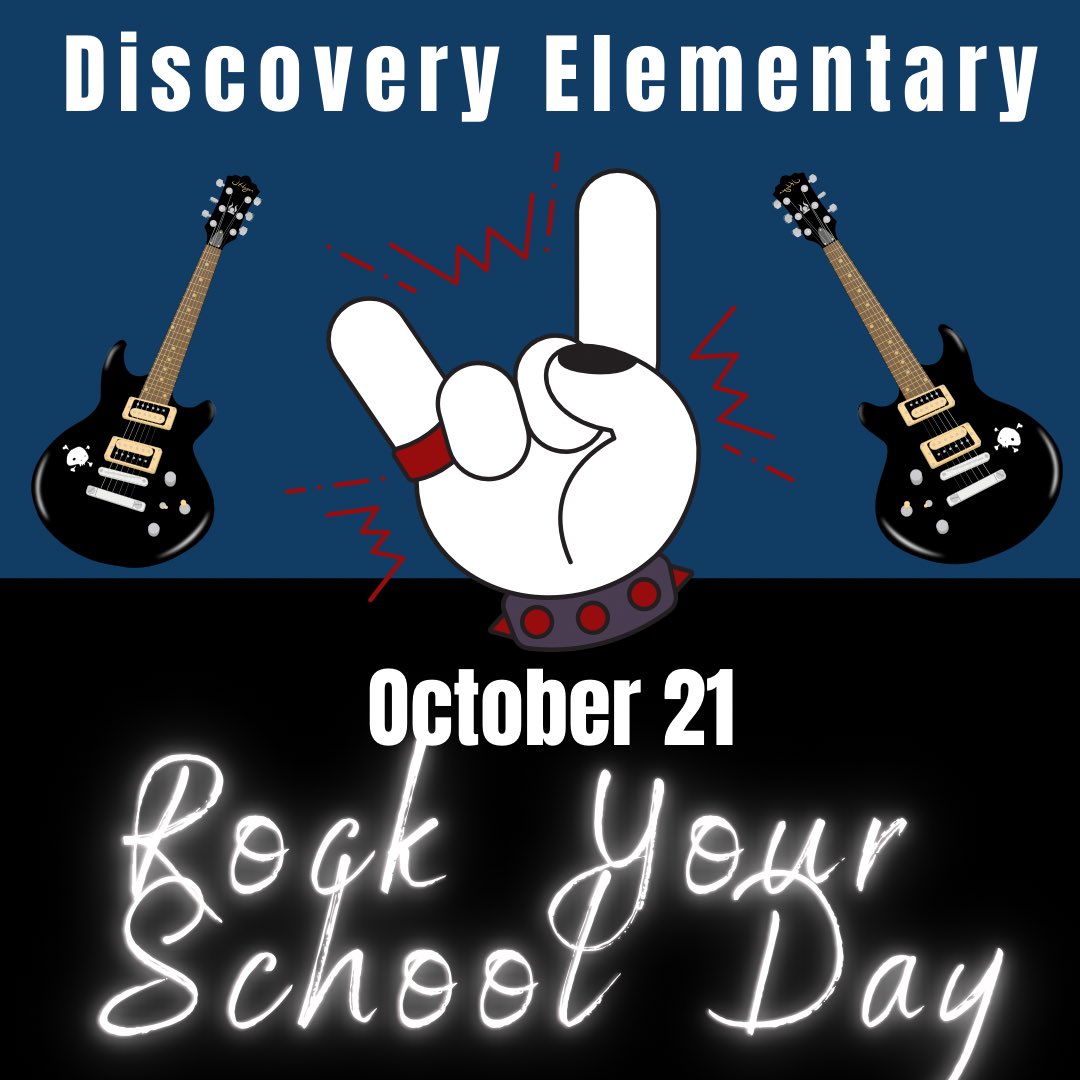 🤘🏼Don’t forget that ROCK YOUR SCHOOL DAY is Friday! 🤘🏼 

🎸Student love coming to school on this day in their best Rock N’ Roll attire! 🎸

🖤 #PowerofDiscovery 🖤