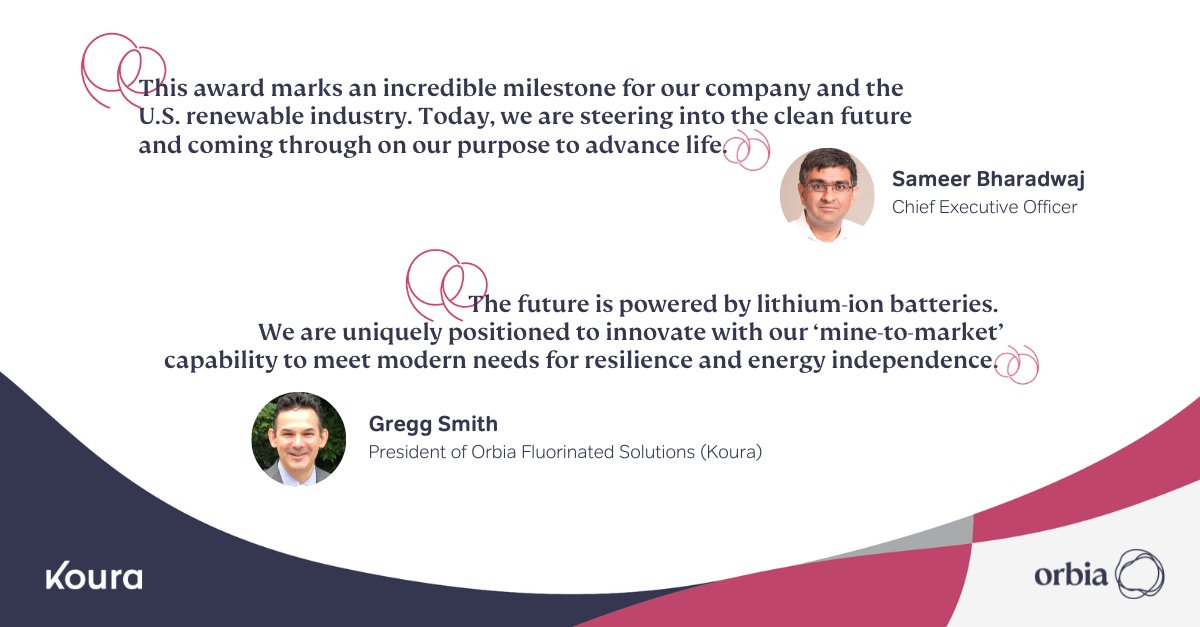 OrbiaFEM's tweet photo. An exciting day for Koura, an @Orbia business, as we receive a $100 million award from @ENERGY to support the domestic supply chain for lithium-ion batteries. Koura’s proposed plant will be the first U.S. manufacturing plant for LiPF6 in #Louisiana. https://t.co/1eh4nq0PdV https://t.co/xXj62ERdvp