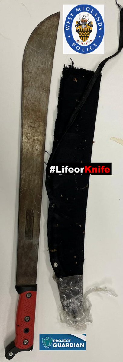 GuardianWMP's tweet photo. Task Force Officers have responded to a report of 10 youths 'openly brandishing machetes' in @ErdingtonWMP tonight. The subjects ran in an attempt to make good there escape. 2 males detained and the machete below and drugs have been recovered #LifeorKnife #SpaceforTwo #Arrested https://t.co/sUHVokX6Mh