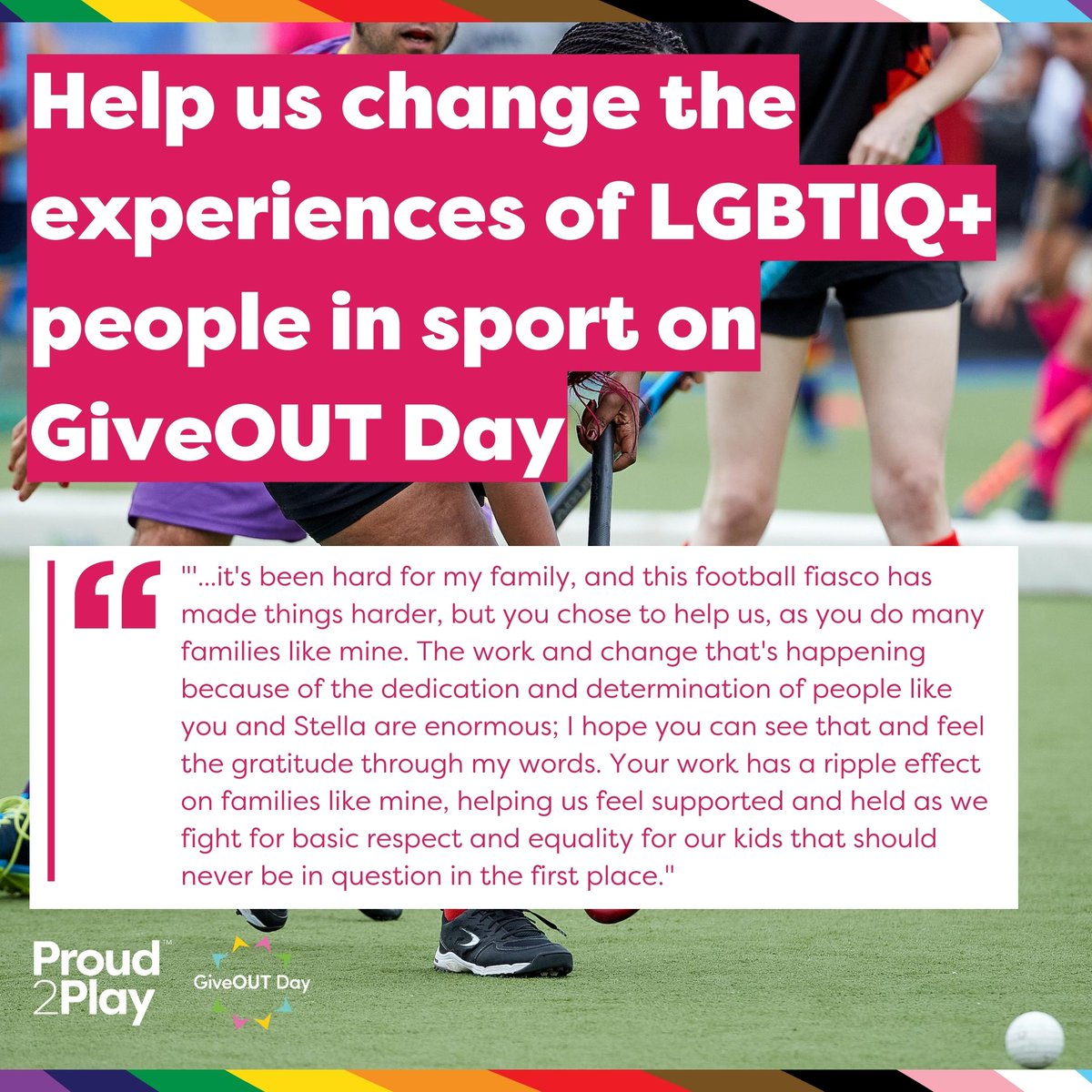 .<a href="/giveout_au/">GiveOUT</a> Day is TODAY &amp; you can help us change the experiences of LGBTIQ+ people in sport.

Donations on GiveOUT Day are doubled. Each donation goes directly to us to build safe spaces for LGBTIQ+ people in sport.

Donate now: giveout.org.au/t/proud2play