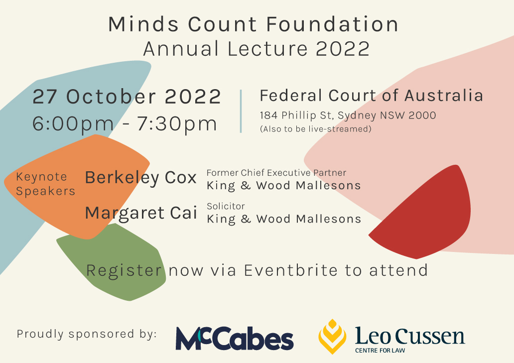 The 2022 Minds Count Annual Lecture will be held on Thursday 27 October at the Federal Court of Australia. The event will start at 6pm and will be available to attend via livestream.

Purchase tickets here: eventbrite.com.au/e/minds-count-…

We hope you can join us for this special event!