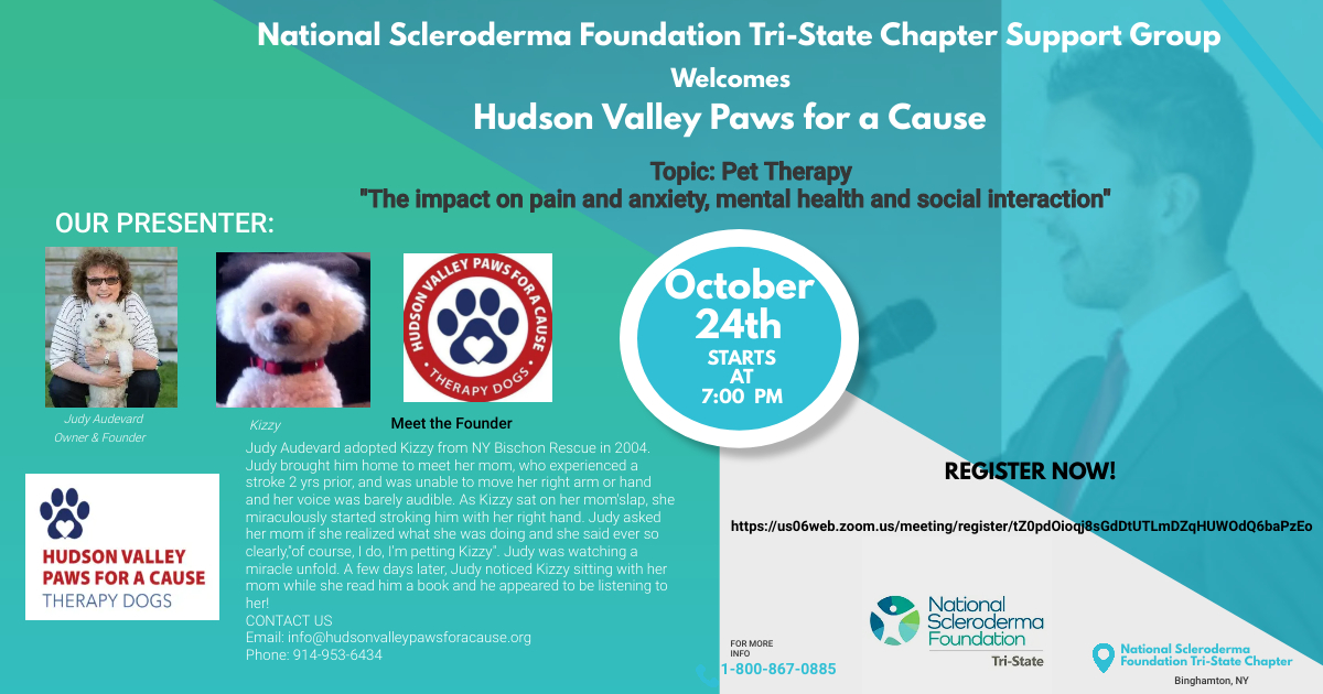 SclerodermaTS's tweet image. Join the chapter wide support group meeting on October 24th at 7pm via zoom for Pet Therapy!
Register in advance for this meeting:
us06web.zoom.us/meeting/regist…