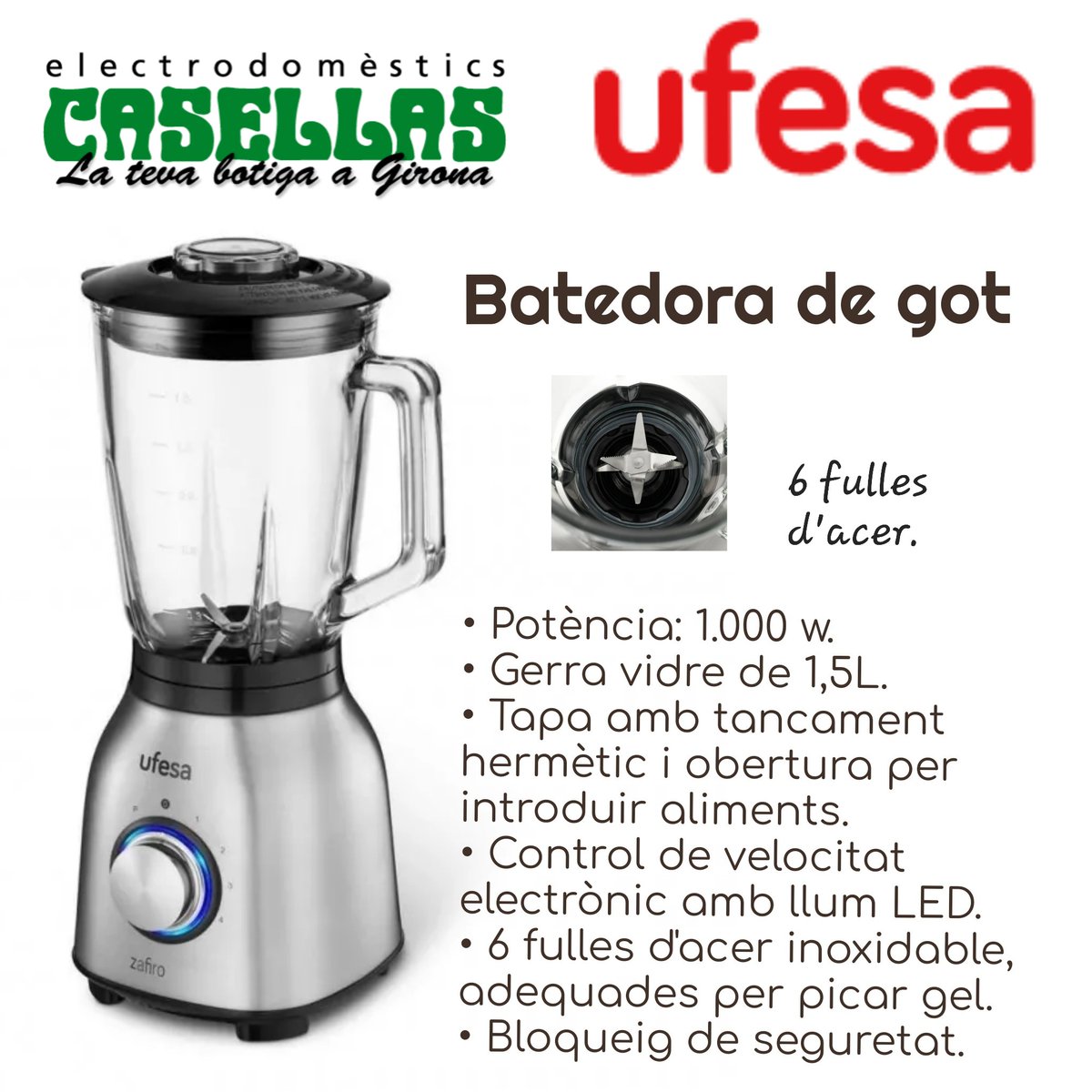 CASELLAS_Gi's tweet photo. La Batedora de got que polvoritza en segons el que necessitis, perfecte per servir batuts i cremes per a tota la família. 
Fulles d'acer inoxidable i un potent motor que permet picar gel. 
Gerra de gran capacitat, apta per al rentaplats.
#SantaEugèniaDeTer #Girona #ComerçGirona https://t.co/izhhSi0LPP