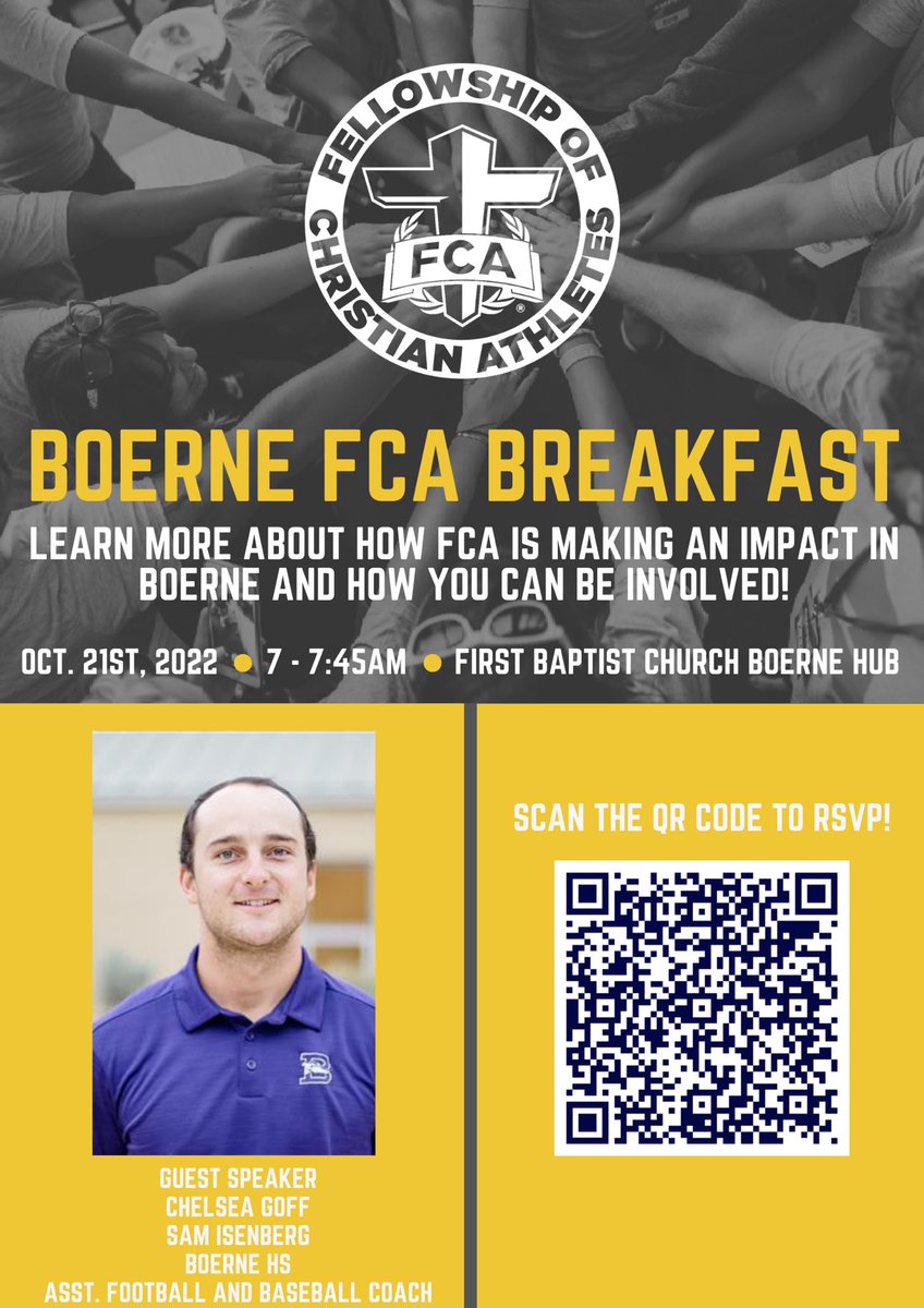 Boerne FCA Breakfast this Friday at 7:00am-7:45am. Hope to see you there. This months gathering is at First Baptist Boerne ⁦@LeechStan⁩ ⁦@BoerneISD⁩ ⁦@HoundFootball⁩