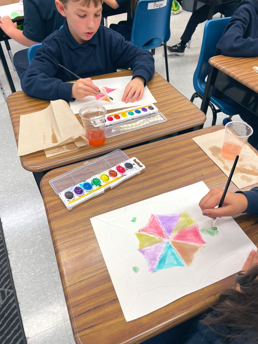 missmorrallees's tweet photo. Today we created these coloured spider webs using watercolour paint and a white wax crayon! Ask your child about the steps they followed to create their masterpiece! 🕸️🎨 @StPaul_CES https://t.co/zgeMA48PDU
