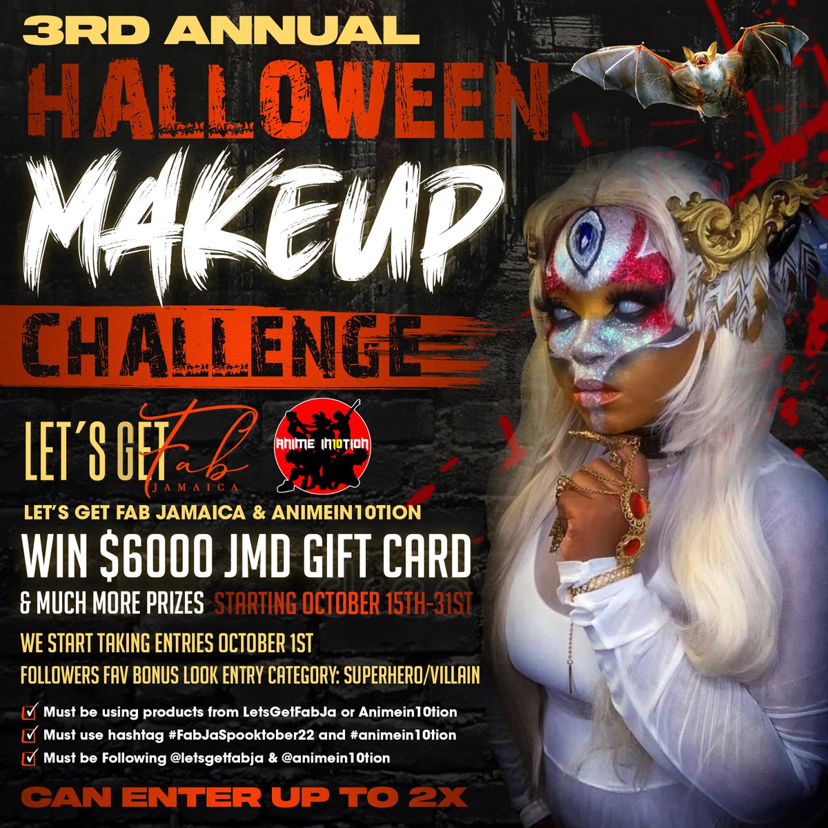 animein10tion's tweet photo. Join the Letsgetfabja Makeup competition for a cash prize and chance to win rewards for first, second and fan favorite categories. You can enter up to 2 looks.
#fabjaspooktober22 #animein10tion #makeupartist #makeupcompetition #competition #Rewards #prizes https://t.co/QZ9ppNqgIZ