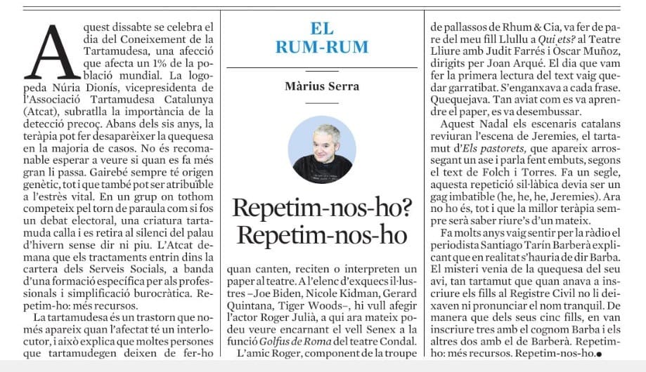 difusio_atcat's tweet photo. En @mariusserra ha dedicat la seva secció d'avui a @LaVanguardia a la tartamudesa.
Tot un honor poder comptar amb les seves paraules per difondre el missatge i arribar a més gent! 🔝🔝

#tartamudesa #quequesa #disfemia #tartamudez #stuttering #stutteringawareness #lavanguardia https://t.co/mMKJaBaJWP