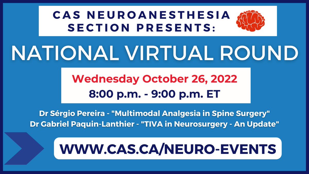 Canadian Anesthesiologists' Society (@casupdate) on Twitter photo Reminder! <a href="/cas_neuro/">CAS Neuro Section</a> will host a National Virtual Round in one week - Wednesday, October 26.
Registration is FREE for CAS members. Full details, including learning objectives and speaker information, available on cas.ca/neuro-events
<a href="/ChowdhuryTumul/">Tumul Chowdhury (तुमुल चौधरी) MD, DM, FRCPC, MSc</a> Reminder! <a href="/cas_neuro/">CAS Neuro Section</a> will host a National Virtual Round in one week - Wednesday, October 26.
Registration is FREE for CAS members. Full details, including learning objectives and speaker information, available on cas.ca/neuro-events
<a href="/ChowdhuryTumul/">Tumul Chowdhury (तुमुल चौधरी) MD, DM, FRCPC, MSc</a>