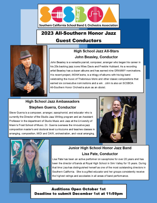 SCSBOA is excited to announce this year’s outstanding slate of jazz educators for the 2023 All-Southern Honor Jazz Bands.  We hope you will consider encouraging your students to audition for what will certainly be three absolutely fantastic bands! 
scsboa.org