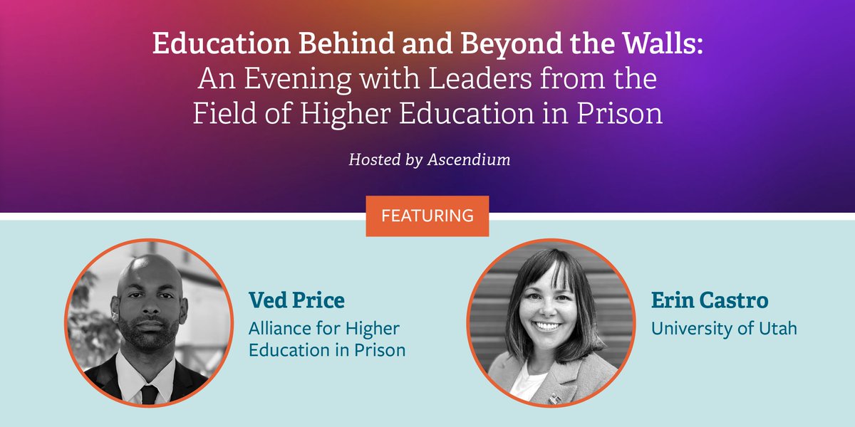 At 5:45 p.m. CT, come join #AscendiumEP to continue the conversation of supporting #HigherEdInPrison initiatives at our #EdFunders22 reception, where we’ll be joined by Ved Price of @AllianceforHEP and Erin Castro of @Utah_PrisonEd! bit.ly/3T1V4Kb