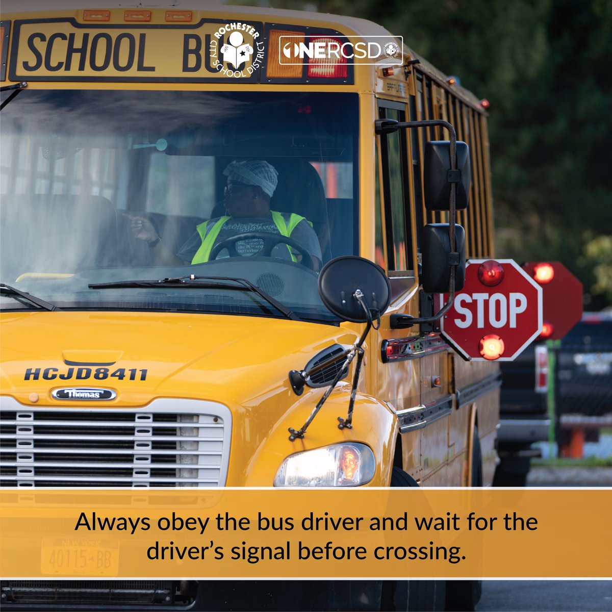 We're halfway through School Bus Safety Week! Today's tip: Always obey the bus driver and wait for the driver's signal before crossing. #ONERCSD #SchoolBusSafetyWeek