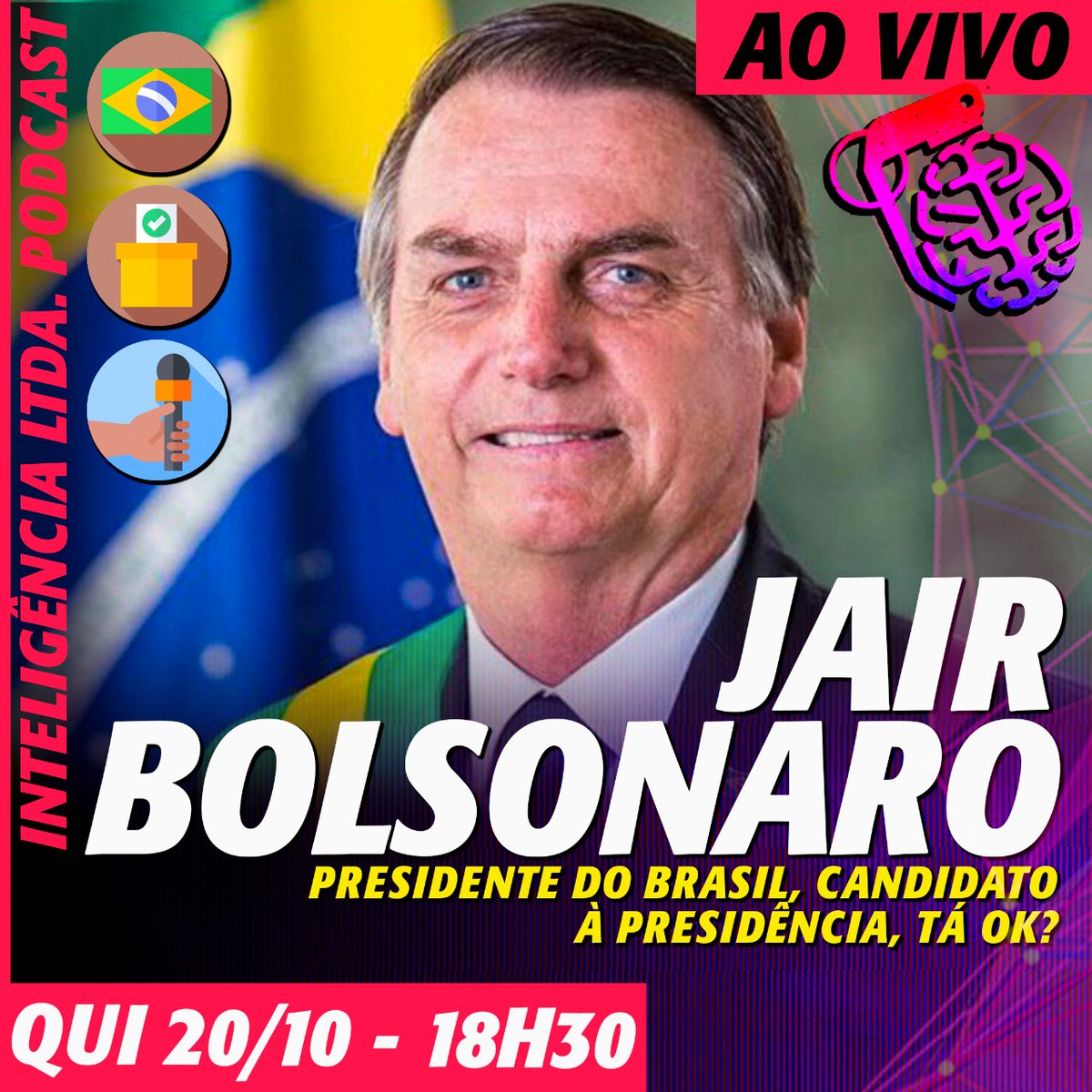 ATUALIZAÇÃO NA AGENDA! Nesta quinta-feira às 18h30 receberemos @jairbolsonaro, Presidente da República. Ele é candidato à reeleição, e vai parar a doideira da campanha pra bater um papo sobre suas propostas e ideias. Confira em nosso canal no YouTube. youtube.com/c/Intelig%C3%A…