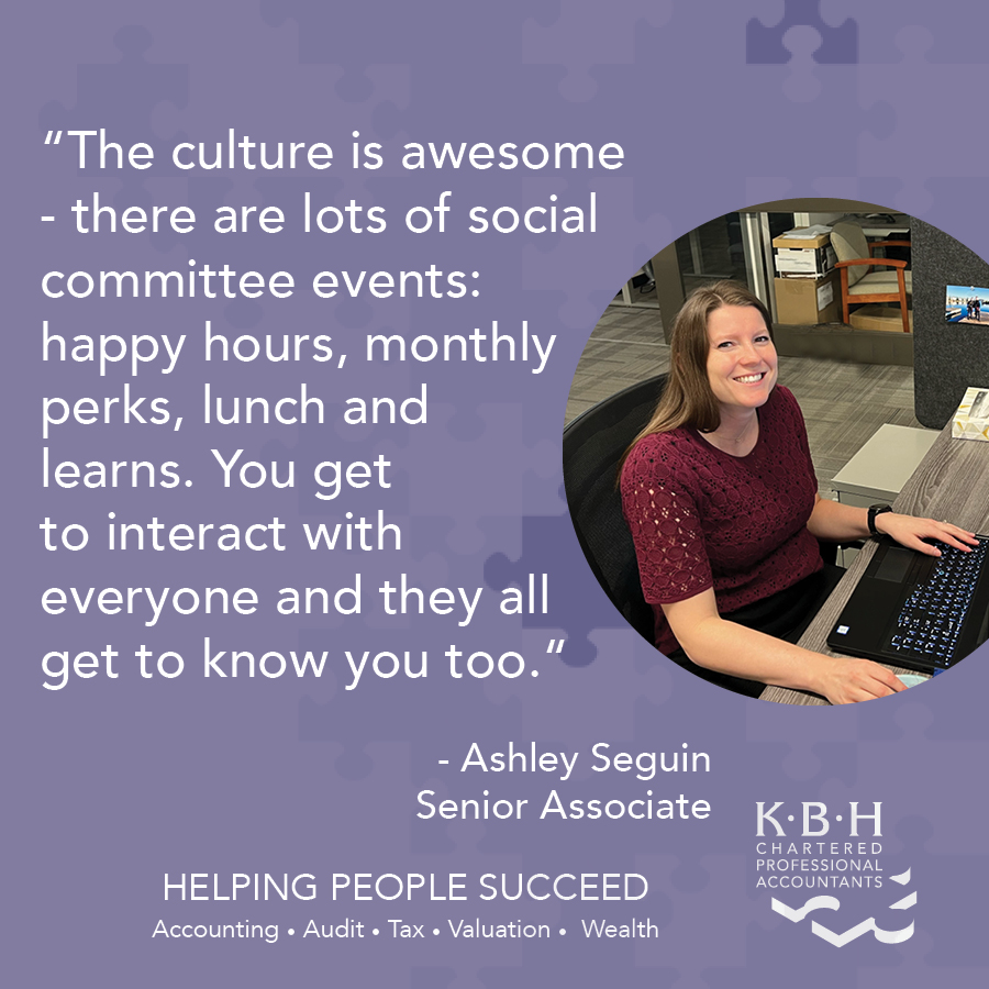 It's all about the culture for Senior Associate Ashley Seguin. She goes on to say that 'the culture really cultivates learning and growth' which is seen in the firm's 100% CFE pass rate (last 3 years), and paid study leave. 
#helpingpeoplesucceed #teamtuesday #officeculture