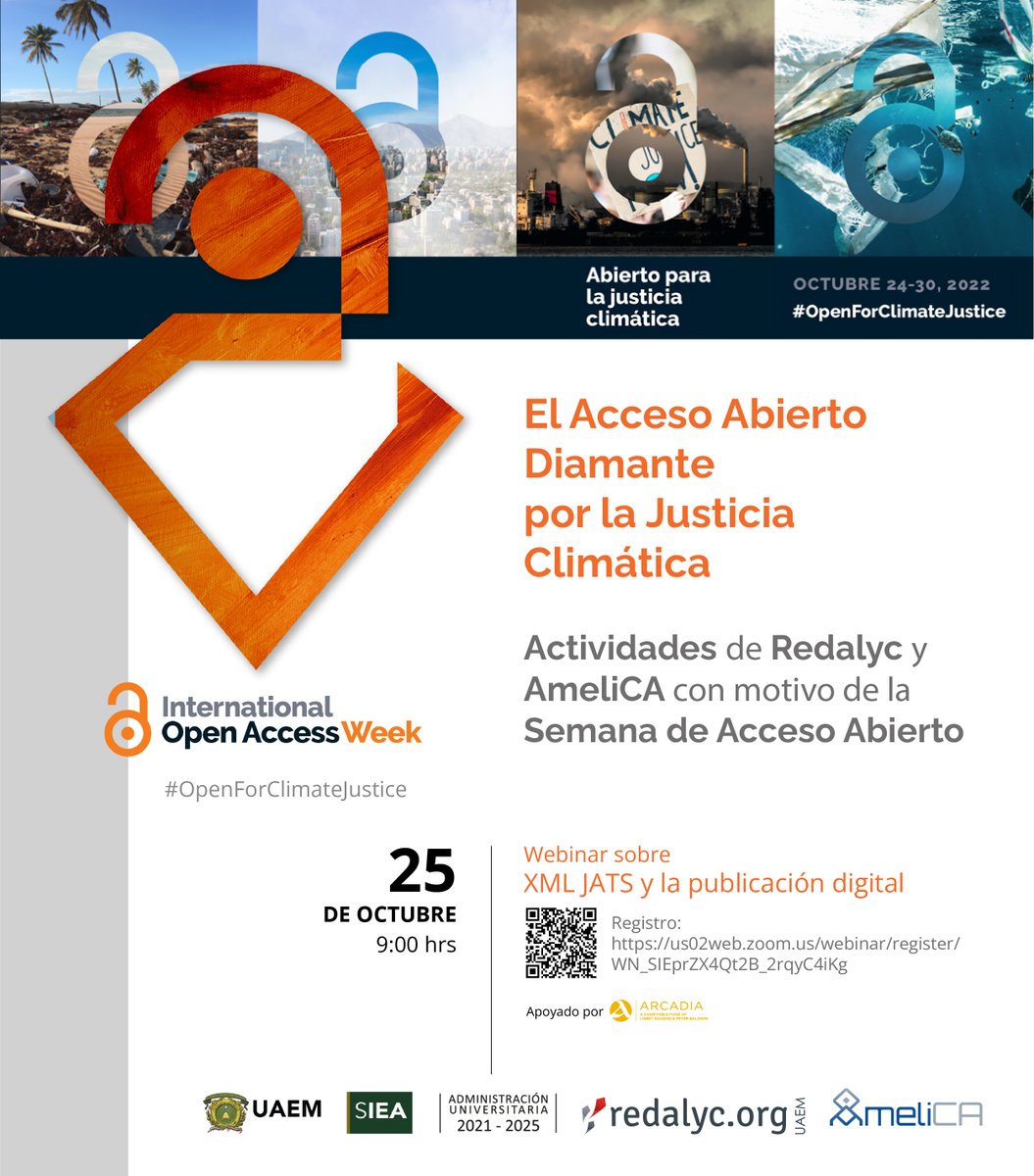 Redalyc's tweet photo. ⭕️¡NO TE QUEDES FUERA!
Con motivo del #OAweek, @Redalyc @UAEM_MX te invita a participar en el “WEBINAR SOBRE XML JATS Y LA PUBLICACIÓN DIGITAL”
⭕️Registro:  https://t.co/kxG2Qa7HGM

#openforclimatejustice  #OAWeek2022
#Objetivo6  #PreservaciónDigital #ArcadiaRedalycAmelica https://t.co/RDRiE5ZLvk