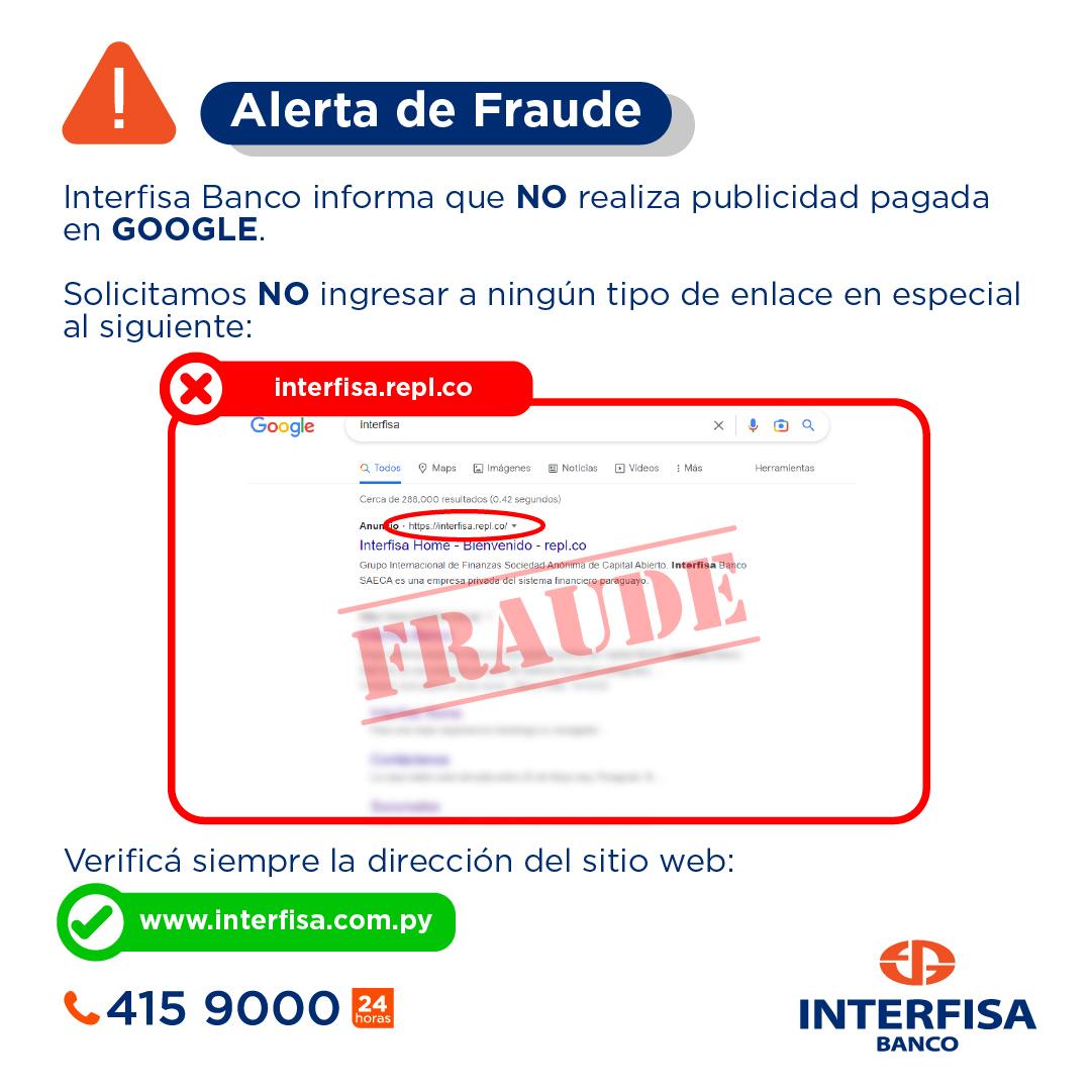 Interfisabanco's tweet photo. ATENCIÓN⚠️

Estafadores intentan realizar fraudes desde los buscadores de Google, por tu seguridad NO accedas a ningún enlace ni proporciones datos confidenciales como, PIN de accesos y transacciones.

Verificá que la dirección del sitio web sea segura: https://t.co/xnTyvDIO1X✔️ https://t.co/MnS1IUy7TC