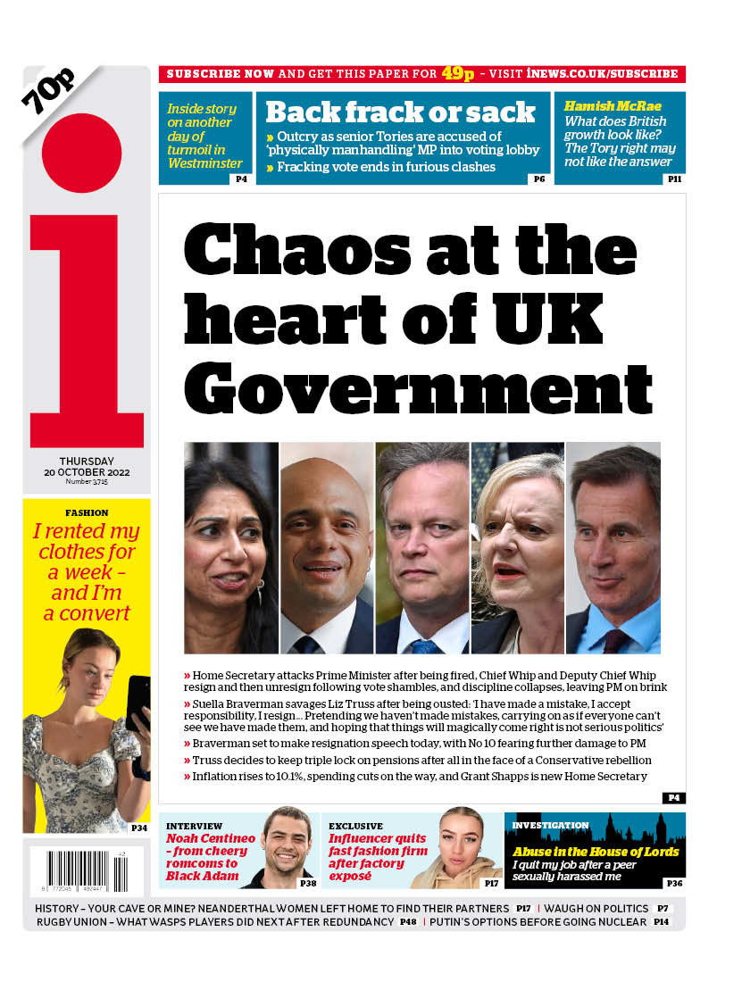 AllieHBNews's tweet photo. Thursday’s i - “Chaos at the heart of UK Government” #TomorrowsPapersToday https://t.co/X44ayR37Gh