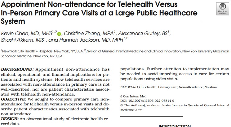 JGIM Journal of General Internal Medicine (@journalgim) on Twitter photo In a study of #telehealth <a href="/NYCHealthSystem/">NYC Health + Hospitals</a>, <a href="/kchenmd/">Kevin Chen</a> and team found that audio-only #primarycare visits were associated with lower non-attendance than video visits and in-person visits; video visits had the highest non-attendance during #COVID link.springer.com/article/10.100… In a study of #telehealth <a href="/NYCHealthSystem/">NYC Health + Hospitals</a>, <a href="/kchenmd/">Kevin Chen</a> and team found that audio-only #primarycare visits were associated with lower non-attendance than video visits and in-person visits; video visits had the highest non-attendance during #COVID link.springer.com/article/10.100…