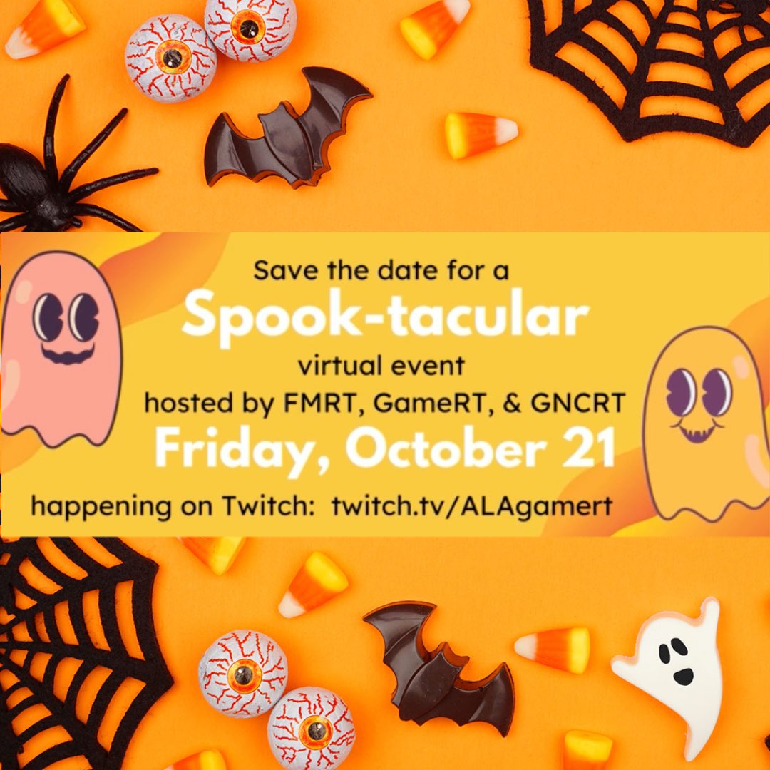 This Friday join us and our friends at <a href="/ala_gamert/">ALA GameRT</a> and <a href="/libcomix/">ALA Graphic Novels & Comics RT 🔜 #NYCC</a> for a collaborative  multi-session spooky themed event where we will discuss our favorite most fulfilling spooky forms of media, play thrilling games, read spine-tingling adventures, and more forms.gle/dF3txFTWgGcrGK…