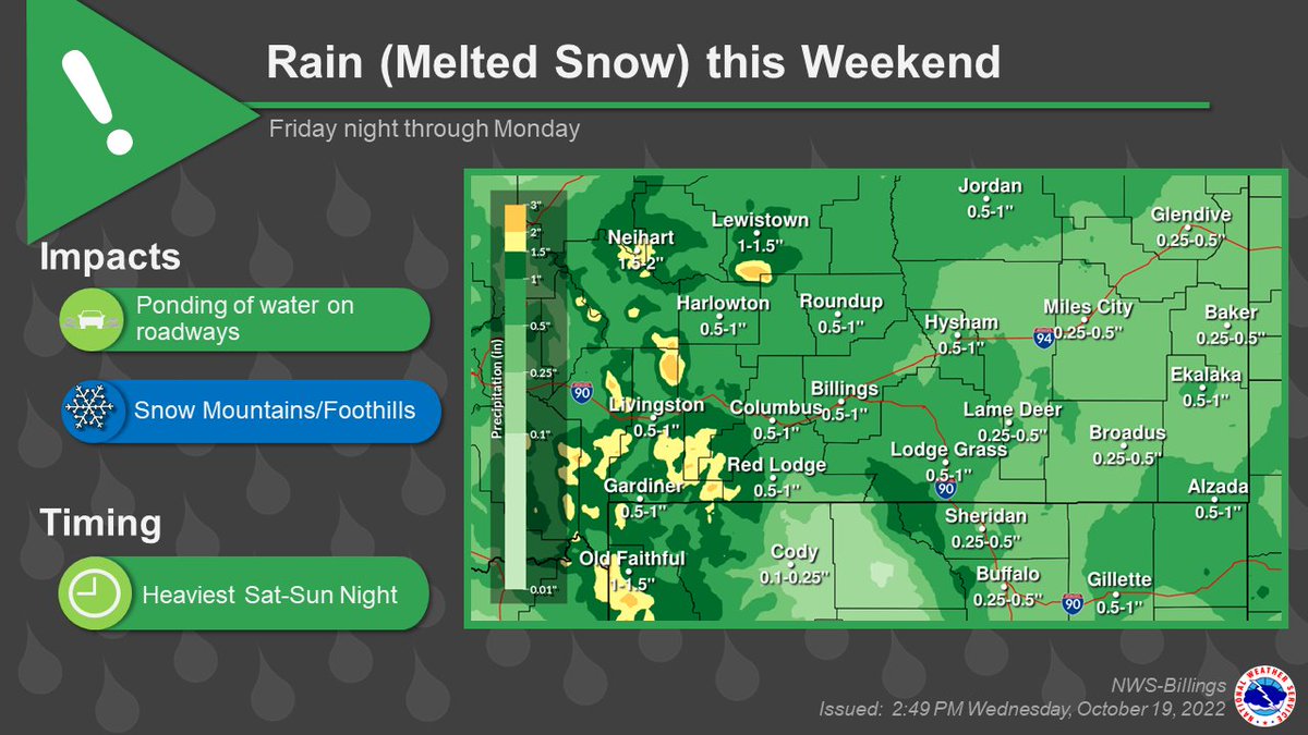 NWSBillings's tweet photo. The latest on #rain and #snow for this weekends storm system. Heading to the back country for hunting season kickoff, be prepared for cold wet and in some locations snowy conditions. #MTwx #WYwx https://t.co/K3pLGxRcjX