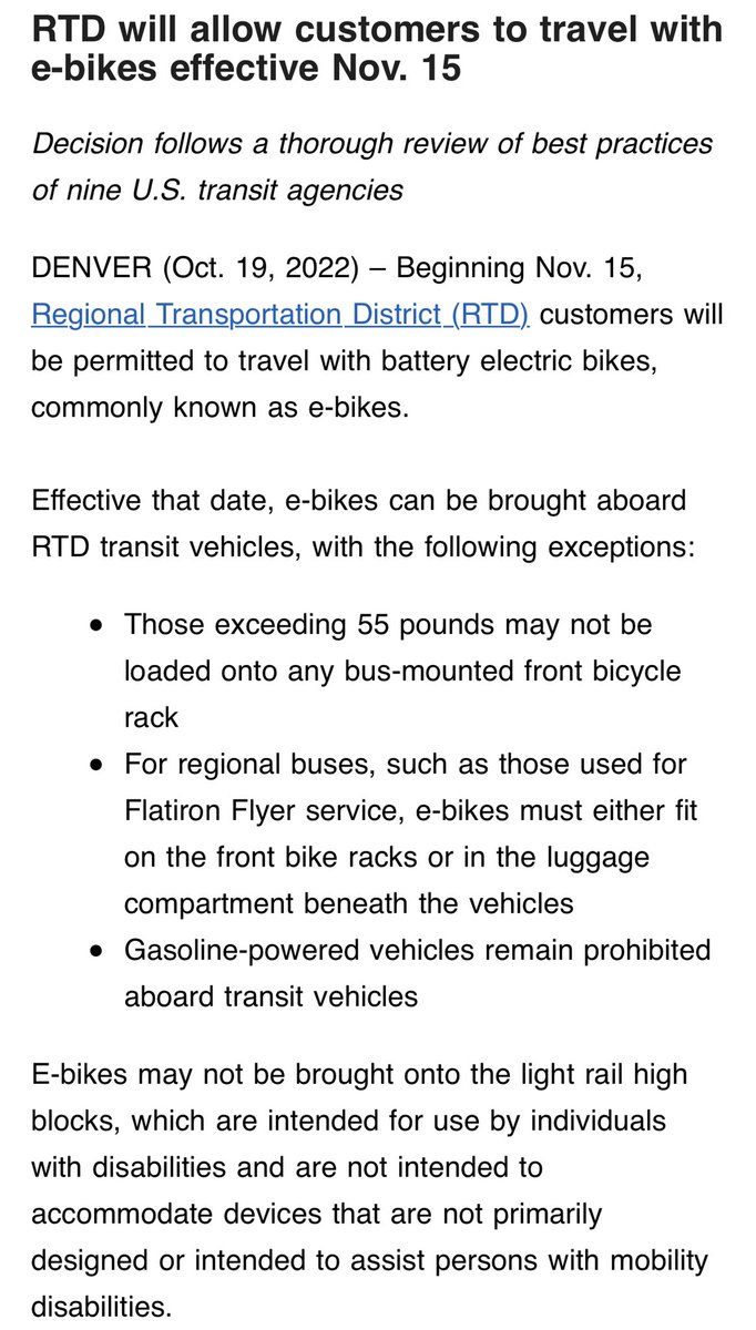 Noted: @RideRTD in mid-November will officially allow e-bikes aboard its buses and trains. Currently they’re banned, a relic policy adopted long ago to keep off motorbikes and the like.