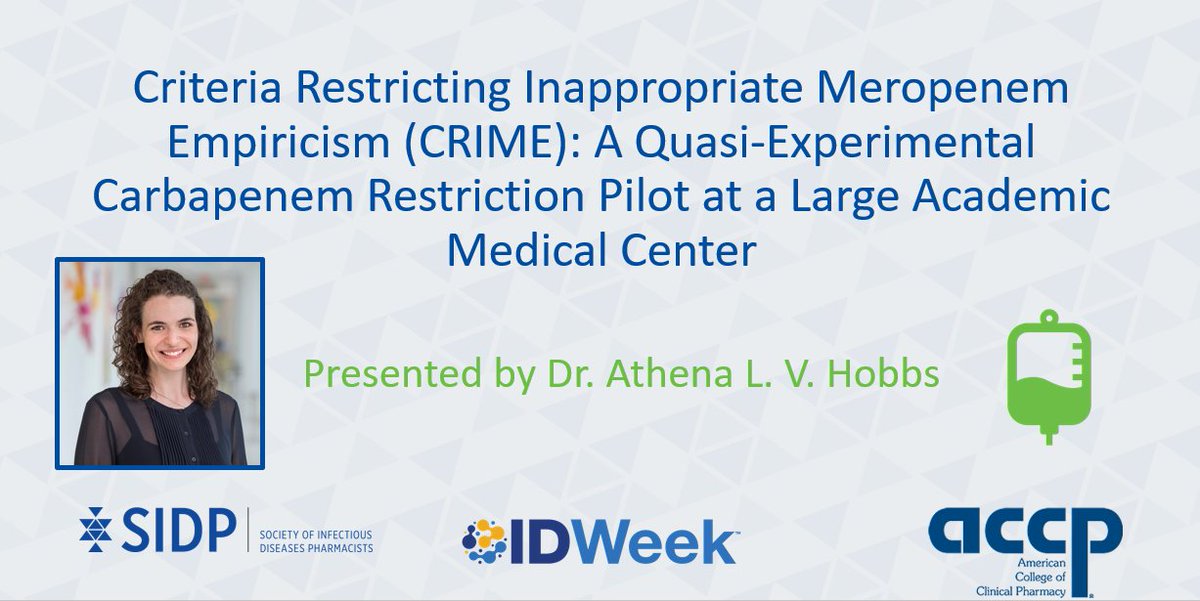 SIDPharm's tweet photo. It should be a CRIME to use carbapenems inappropriately empirically.  Check out this poster by @AthenaLVHobbs @DRxWells1 @jackpharmd7 @asia describing how they reduced meropenem use by 58% with a projected annual cost savings >$50,000.00! #IDWeek2022 #SIDP2022 (5/10) https://t.co/NPGUX8hFsa