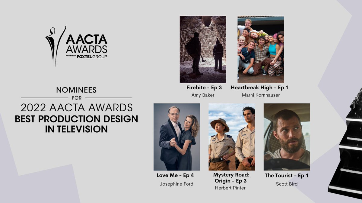 AACTA's tweet photo. The nominees for the 2022 AACTA Award for Best #ProductionDesign in Television are #Firebite, #HeartbreakHigh, #LoveMe, #MysteryRoad: Origin and #TheTourist
#AACTAAwards https://t.co/jHvTfOKQN3