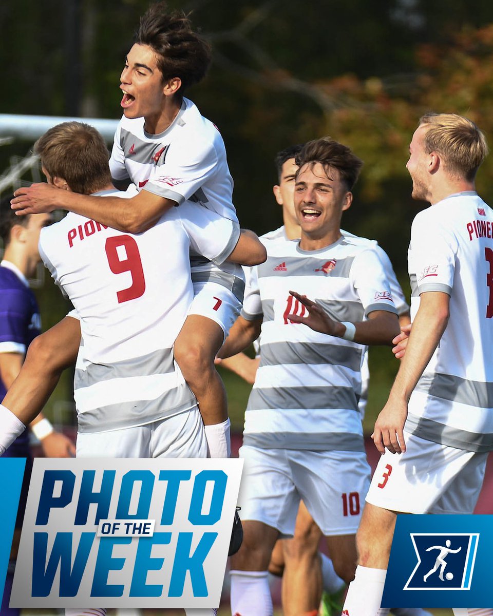 NCAASoccer's tweet photo. 📸 #NCAASoccer Men's Photo of the Week 

David Gallego shares the love with his teammates after scoring his first collegiate goal during @SHU_MSoc's 2-0 victory over Stonehill! https://t.co/HpbJ0TaM4D