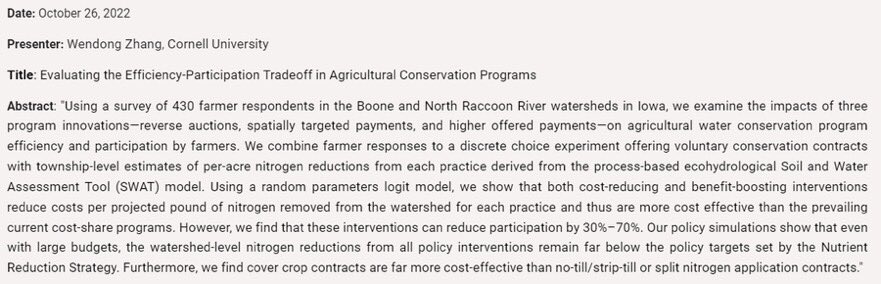 JeffBloem's tweet photo. Thank you to Anna D'Souza for presenting in the #OARES today!

Join us next week as we host Wendong Zhang, who will be presenting on the efficiency of, and farmer participation in, conservation programs in Iowa. 

More information: https://t.co/URhaQqRXn2 https://t.co/hyiP0zF7GC