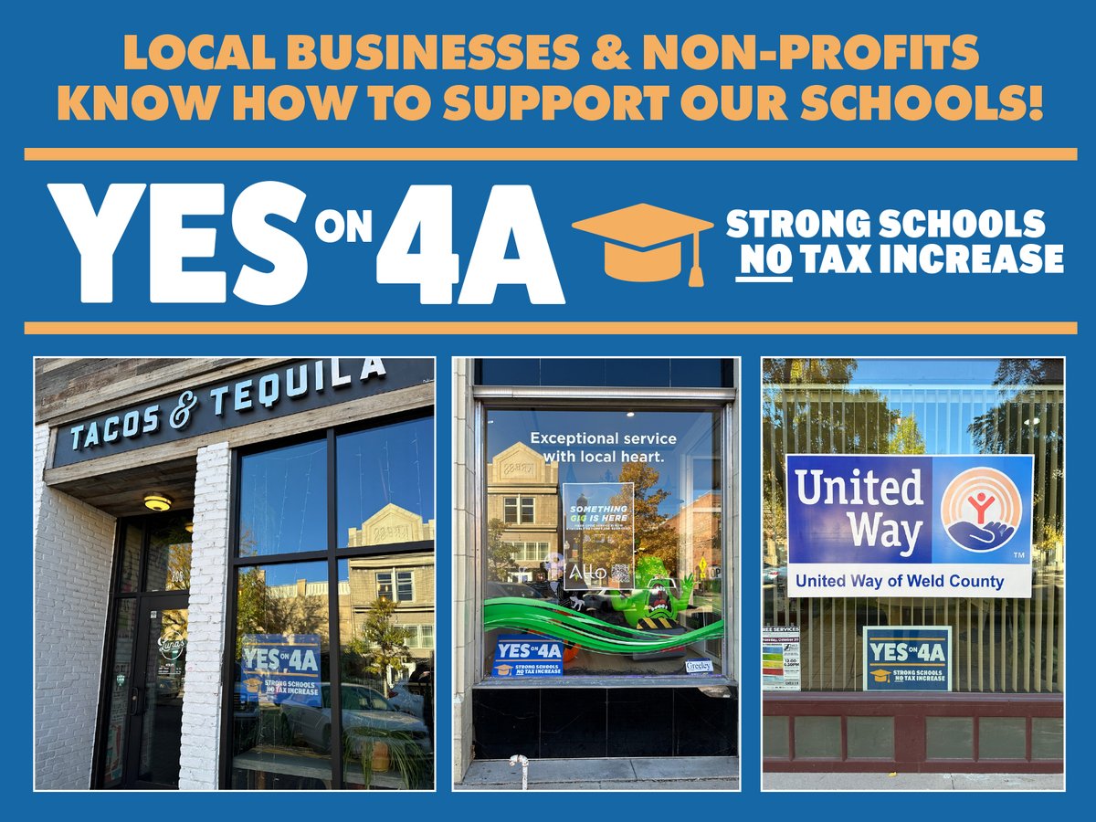 D6greatschools's tweet photo. Local businesses and non-profits throughout Greeley and Evans are supporting the "Yes On 4A" campaign which will continue to help career readiness in our D6 schools and strengthen students for future employment in our community!

#YesOn4A #KeepD6Strong #NoTaxIncrease https://t.co/JiFK5oZZQf