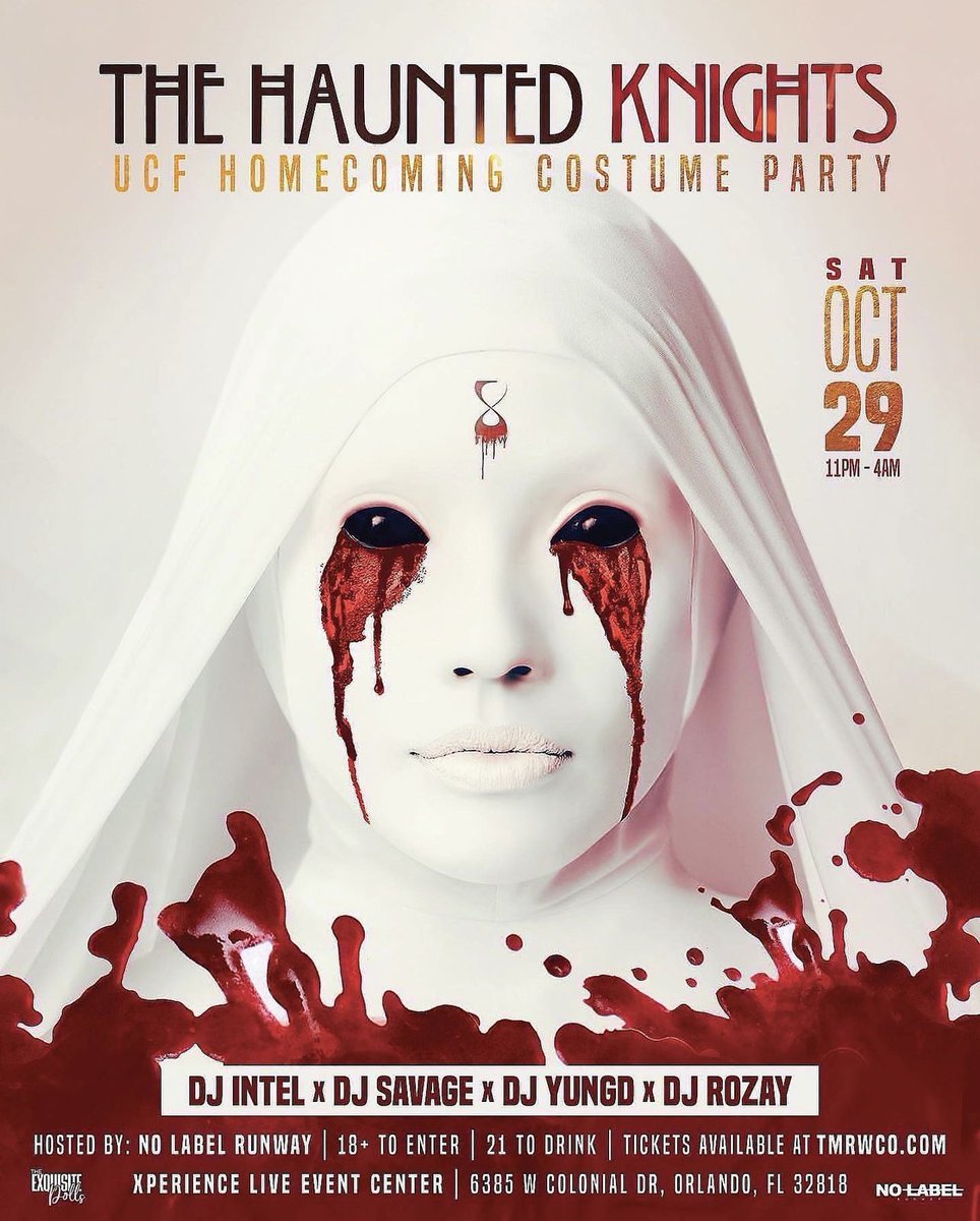 TMRWCO's tweet photo. ⚔️UCF Homecoming Weekend⚔️

Join us on..

10.29
The Haunted Knights - Costume Party
@ Experience Live Event Center 11PM-4AM
18+ to party

10.30
Garden of Eden- Homecoming Brunch
@ Dovecote 1PM-6PM
21+ to party

🎟️Buy Your Tickets 
https://t.co/iRZBjJIoX4 https://t.co/x1JktLgOLP