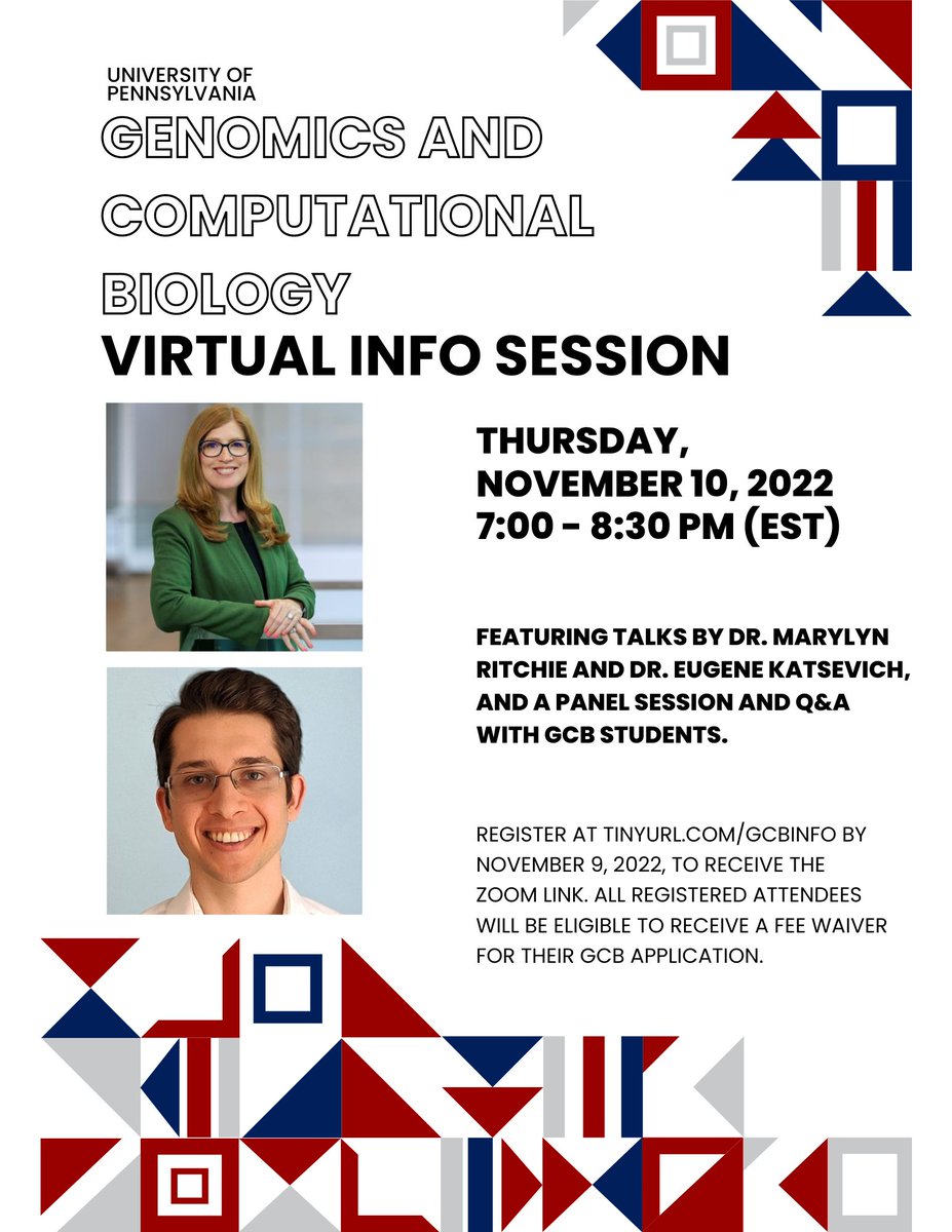 UPenn GCB (@upenngcb) on Twitter photo SAVE THE DATE! GCB is hosting a virtual info session on November 10 at 7pm EST, featuring talks by <a href="/MarylynRitchie/">Dr. Marylyn D. Ritchie, PhD</a> and <a href="/EugeneKatsevich/">Eugene Katsevich</a>. Register at tinyurl.com/gcbinfo to get the Zoom link and receive a fee waiver for your GCB application! SAVE THE DATE! GCB is hosting a virtual info session on November 10 at 7pm EST, featuring talks by <a href="/MarylynRitchie/">Dr. Marylyn D. Ritchie, PhD</a> and <a href="/EugeneKatsevich/">Eugene Katsevich</a>. Register at tinyurl.com/gcbinfo to get the Zoom link and receive a fee waiver for your GCB application!