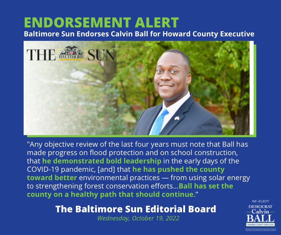 I’m honored to receive the endorsement from the Baltimore Sun Editorial Board for my re-election campaign for Howard County Executive. This recognition builds on my ongoing commitment to ensuring Howard County has the best quality of life for all.
baltimoresun.com/opinion/editor…