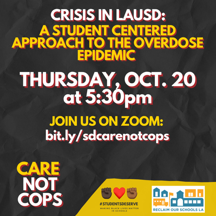 Victor Leung (@victoraclu) on Twitter photo Join <a href="/LA_StudentsDsrv/">#StudentsDeserve</a> and @ReclaimLASchls for an EMERGENCY FORUM around a student centered response to LAUSDs overdose epidemic 📢 Thu Oct. 20th @ 5:30pm. Zoom link: bit.ly/sdcarenotcops
THIS IS OPEN to all students, parents, families, educators & community members! Join <a href="/LA_StudentsDsrv/">#StudentsDeserve</a> and @ReclaimLASchls for an EMERGENCY FORUM around a student centered response to LAUSDs overdose epidemic 📢 Thu Oct. 20th @ 5:30pm. Zoom link: bit.ly/sdcarenotcops
THIS IS OPEN to all students, parents, families, educators & community members!