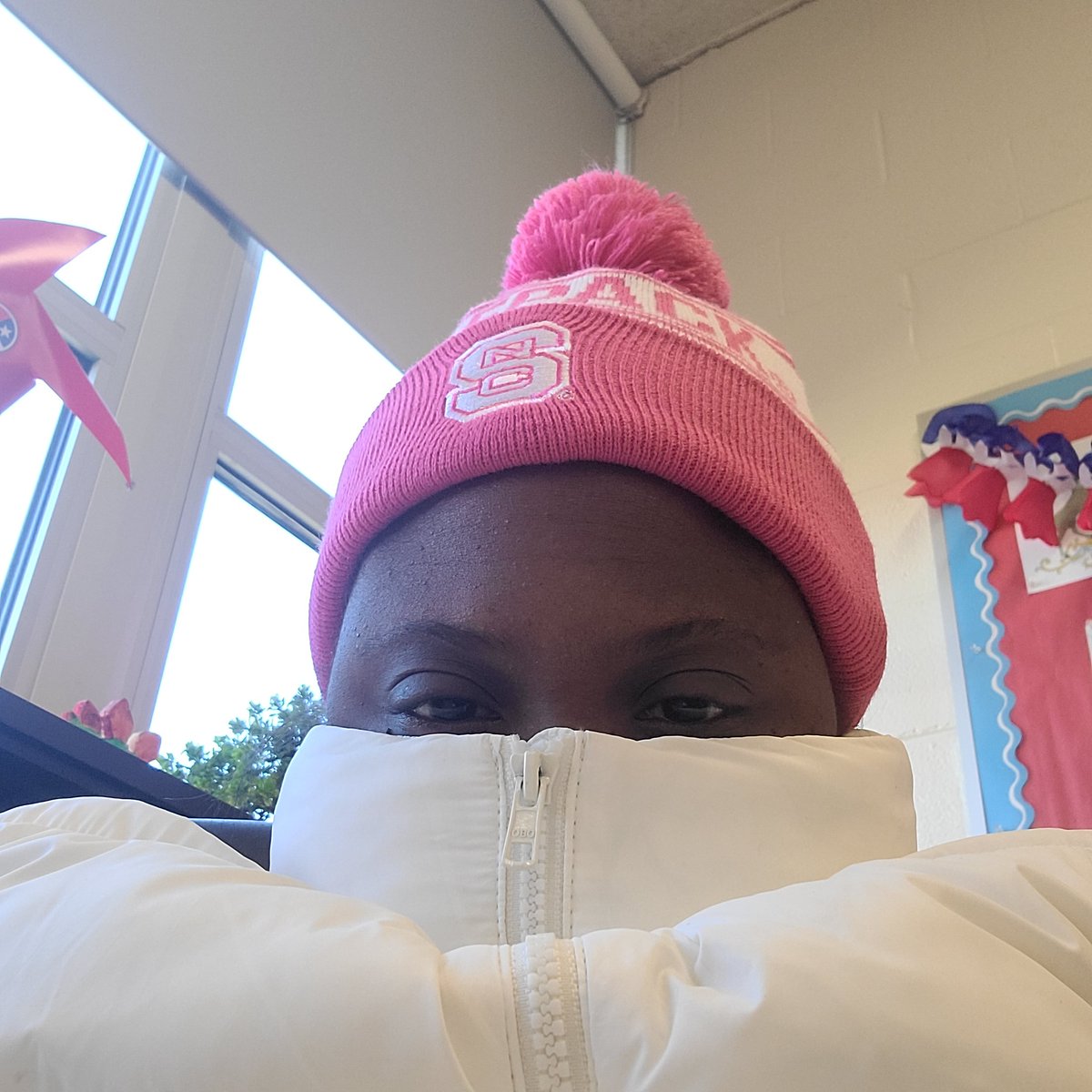 This is how you participate in Spirit week when its 40 degrees and the AC on. #GHSPinkday