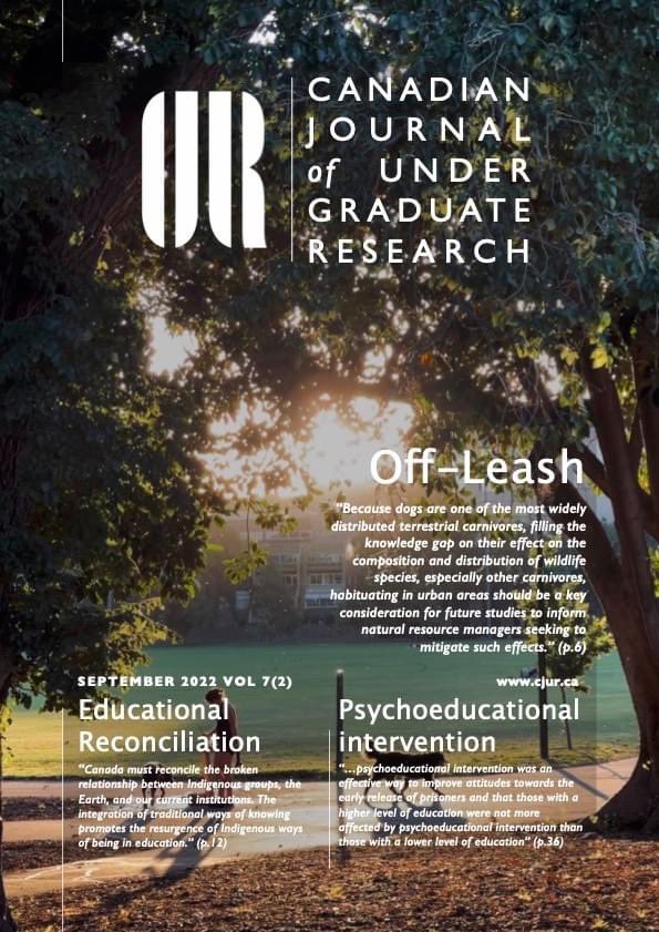 CJUR is proud to present CJUR Volume 7(2)!

Our latest issue features eight works by talented undergraduates across Canada. Read about topics including urban wildlife, medical ethics, land-based learning, reproductive health and more at cjur.ca/september-2022…

#AcademicTwitter