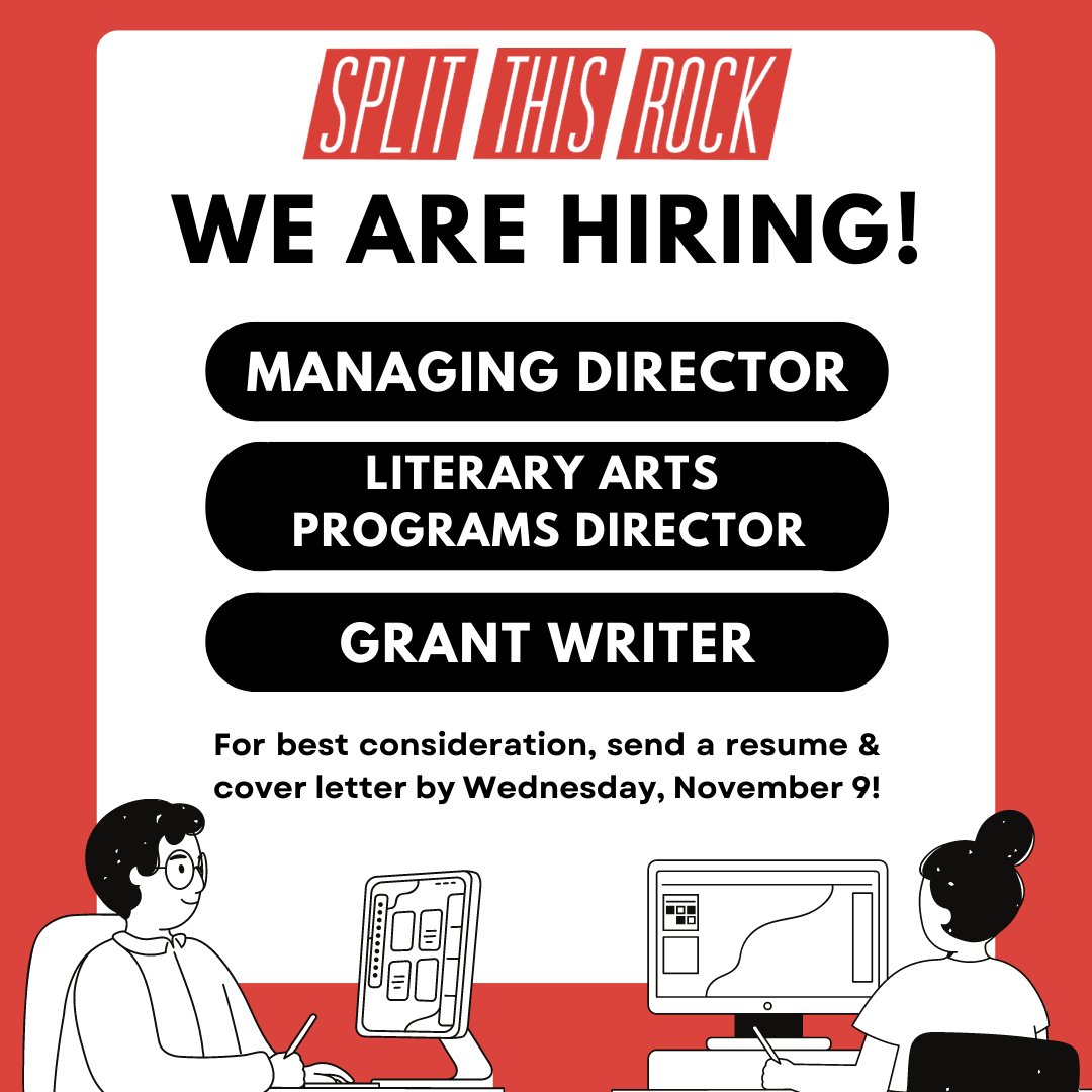 Help us spread the word: Split This Rock is hiring! We're looking for a Literary Arts Programs Director, Managing Director, &amp; Grant Writer to join our team. For best consideration, apply by Wednesday, November 9. Learn more about the roles &amp; how to apply: bit.ly/2X9avFU