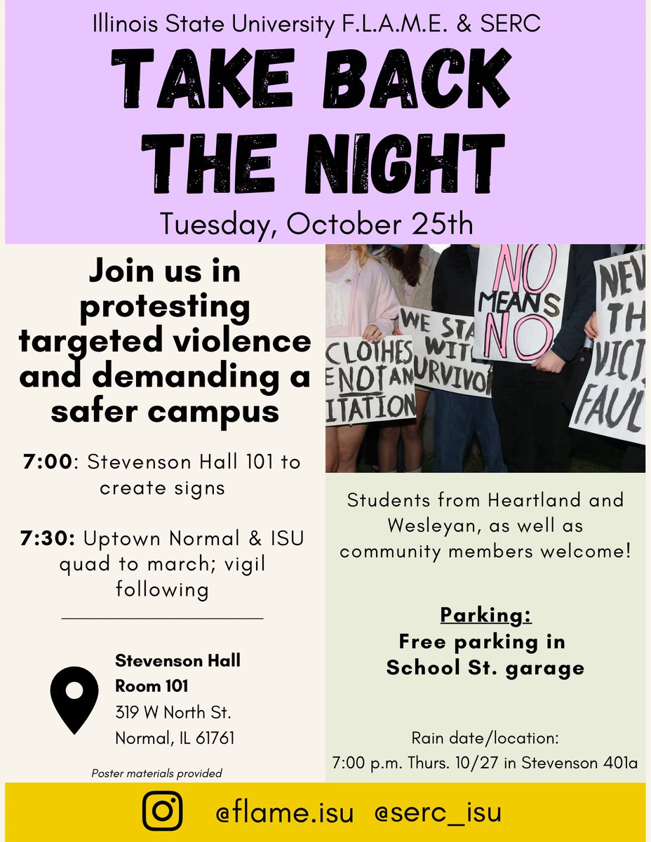 FlameISU's tweet photo. Please join ISU FLAME and SERC, as well as other ISU RSOs, students from Heartland CC and Wesleyan University, and Blono community members in marching for a safer campus next Tuesday (Oct. 25)! https://t.co/Yj4bPT44pg