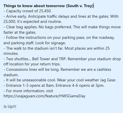 SouthAlabamaFGO's tweet photo. See the notes below for tomorrow's game.  Be prepared when you come. @SouthAlabama @SouthAlabamaFB @SouthAlabamaAD #JsUp #BeatTroy https://t.co/ckoa0TKIrS