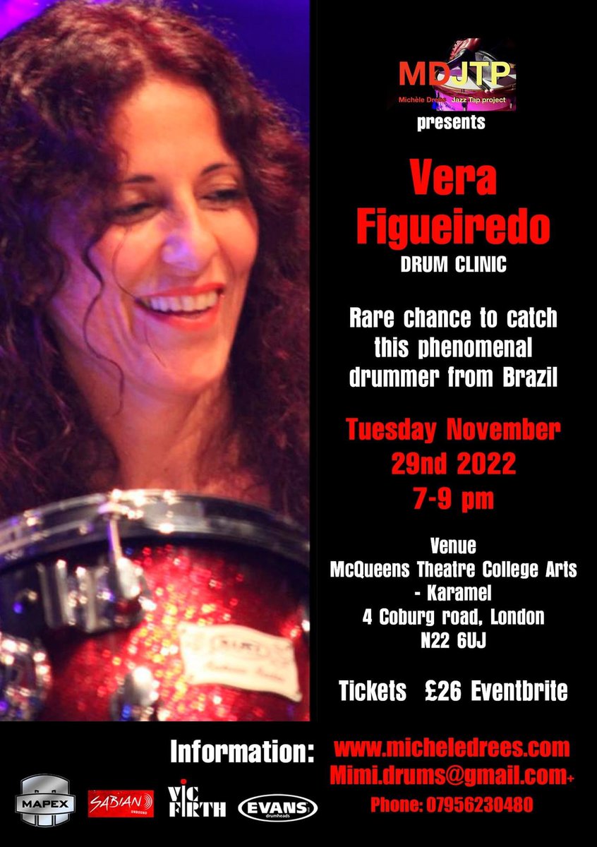 The great Brazilian drummer Vera Figueiredo is coming to London to give a drum clinic! Rare chance to see her live 🥁eventbrite.com/e/vera-figueir…