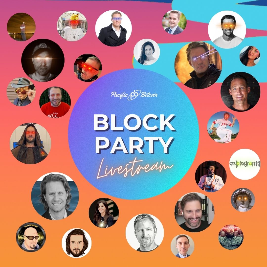 TOMORROW 📢 at 5PM PST / 8PM EST Join our special guests at the Pacific Bitcoin Block Party Livestream 🥳 Get to know these Bitcoiners like never before, 🎟️ win a conference ticket to @pacificbitcoin, and more! Set a reminder: bit.ly/3D7XXUg