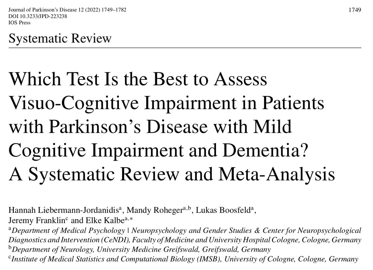 journal_PD's tweet photo. Assessing #visuo-cognitive functions in persons with #Parkinson's disease and #cognitive impairment may be challenging. Liebermann-Jordanidis and colleagues explore this issue in this #systematic review and #meta-analysis published in the @journal_PD #JPD. https://t.co/QeypvtQQVV https://t.co/UpPLBpzPy5