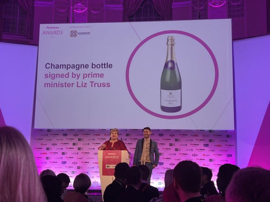 samueljenkinson's tweet photo. Emily Thornberry auctioning off a bottle of bubbly signed by the PM at a pink news awards event on the day the  government is falling apart at the seams is just HILARIOUS 😆 https://t.co/2m0uXPDokT