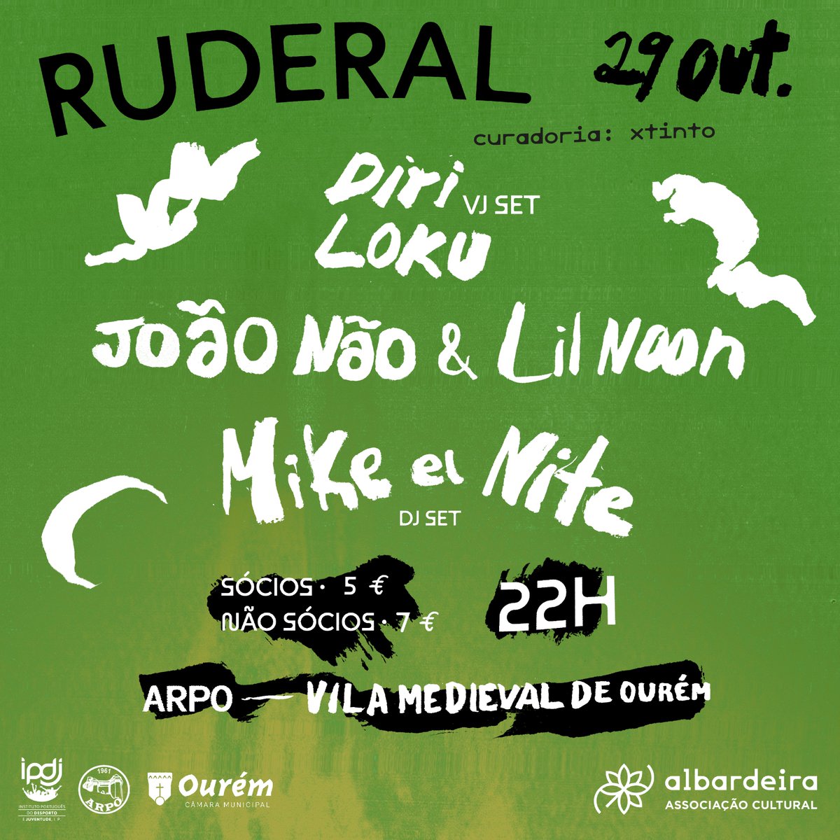 🌱 Àquilo que germina em torno da vida humana, espontânea e desregrada, chamamos Ruderal.

A 29 de outubro, a Albardeira regressa à ARPO, na Vila Medieval de Ourém, com João Não &amp; Lil Noon, Mike El Nite e Diri Loku.

Sábado // 29 out, 22h // ARPO
🎟️ bit.ly/Ruderal_29out