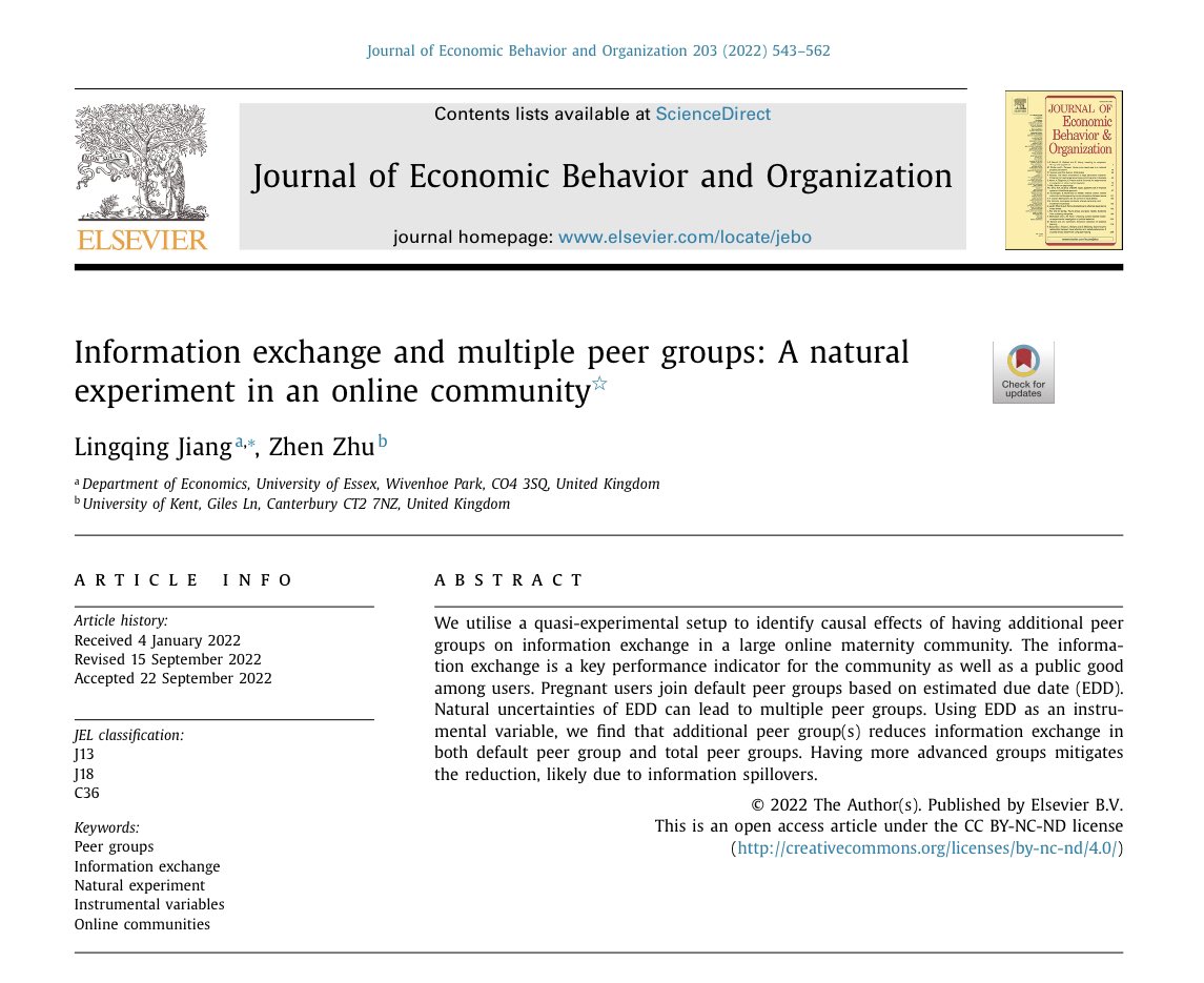 Finally out!! #OpenAccess “Information exchange and multiple peer groups: A natural experiment in an online community” #JEBO #InstrumentalVariables #CausalInference sciencedirect.com/science/articl…