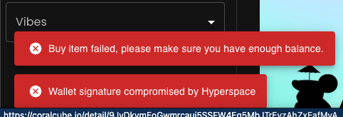 ch3n_sol's tweet photo. @MrBrianProctor This is a screenshot of CoralCube's website. They are blocking a user of CoralCube from buying because they were "compromised" by Hyperspace. It says it right there. Of course it works now since they received all this fud but the proof is right there. https://t.co/4bW14slABI