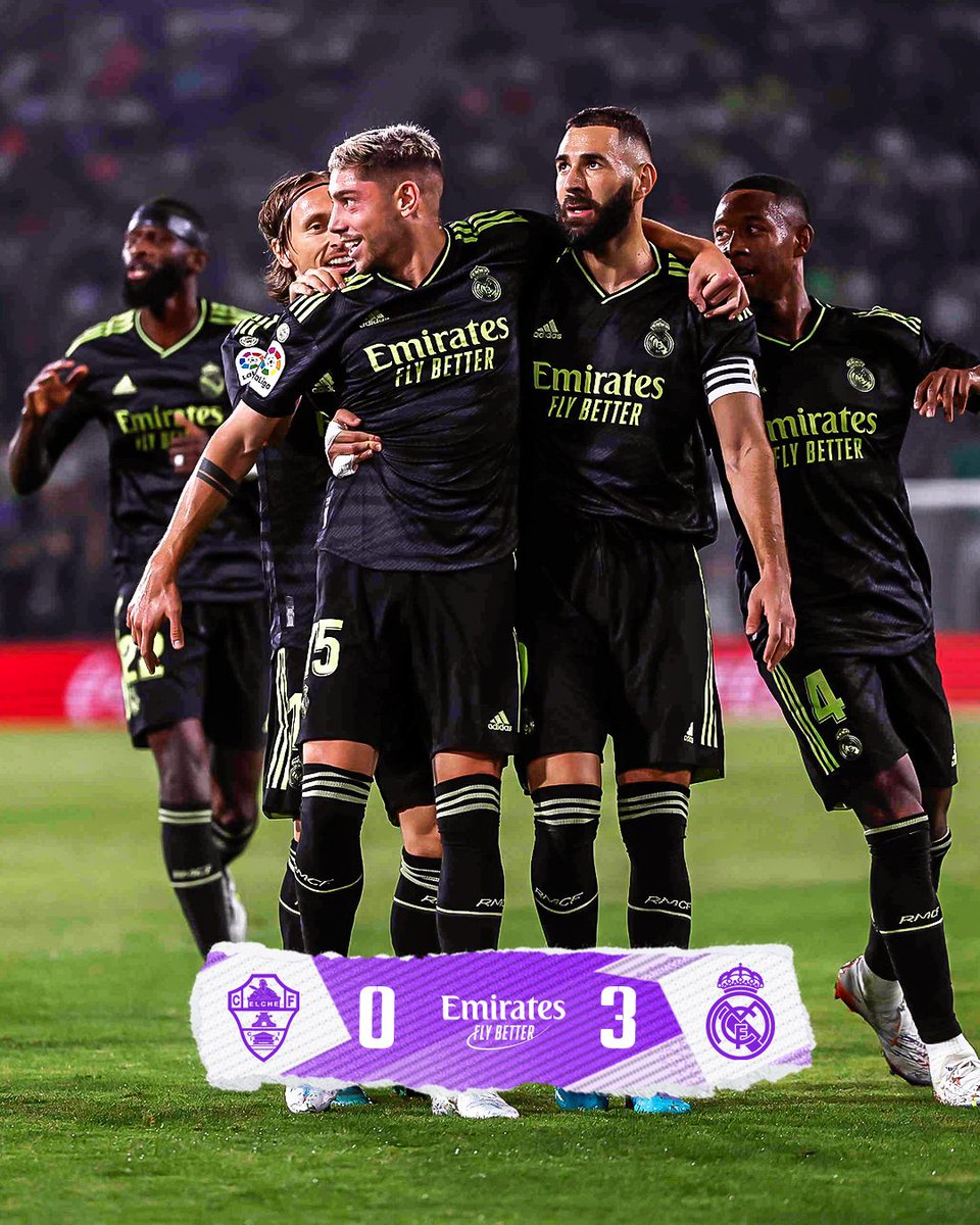 FT: <a href="/elchecf/">Elche Club de Fútbol</a> 0-3 <a href="/realmadrid/">Real Madrid C.F.</a>
⚽ <a href="/fedeevalverde/">Fede Valverde</a> 12', <a href="/Benzema/">Karim Benzema</a> 75', <a href="/marcoasensio10/">Marco Asensio</a> 89'
#ElcheRealMadrid | #HalaMadrid