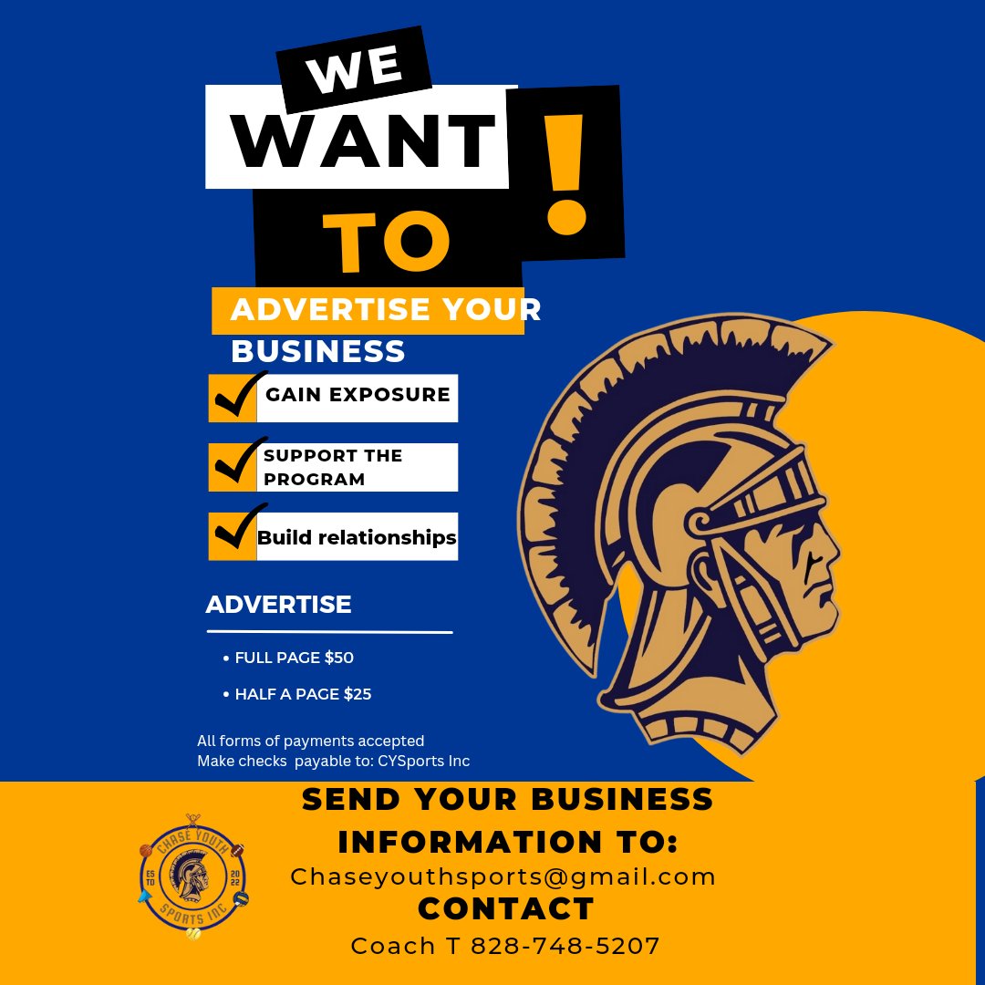 hniatllc's tweet photo. Got a business? Advertise in our Chase Youth Sports Inc 2022 Football and Cheerleading Homecoming book.

$50 full page
$25 half a page https://t.co/b3VaCjtZ3J