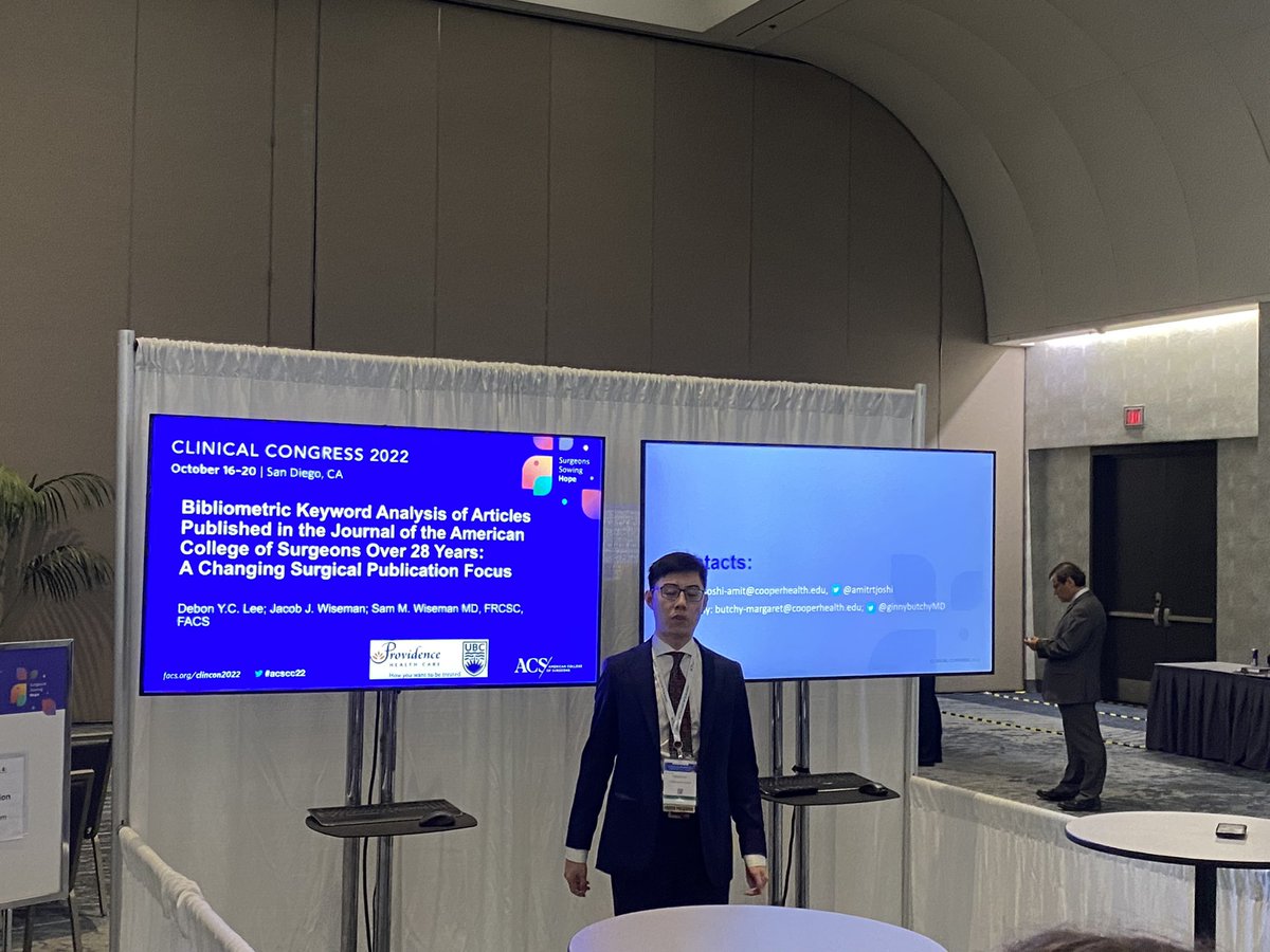 WISEMANSURGEON's tweet photo. Great work Debon Lee presenting our work at #ACS2022
reporting the results of our bibliometric analysis of the JACS! Great job as an undergrad presenting like a pro at an international surgical meeting! https://t.co/yfayw0lDzv